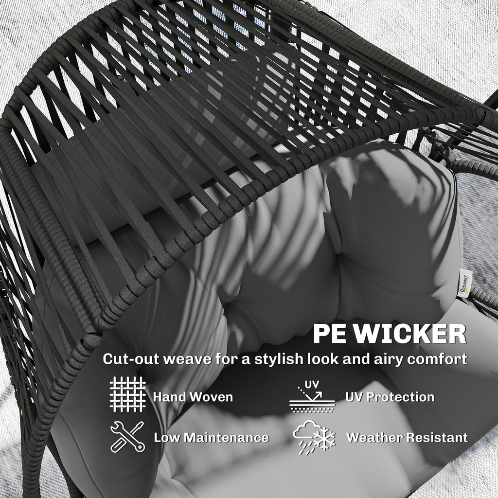 Wicker Egg Chair, Indoor Outdoor Rattan Lounge Chair with Thick Cushion and Headrest, Steel Frame, Adjustable Pads, Grey