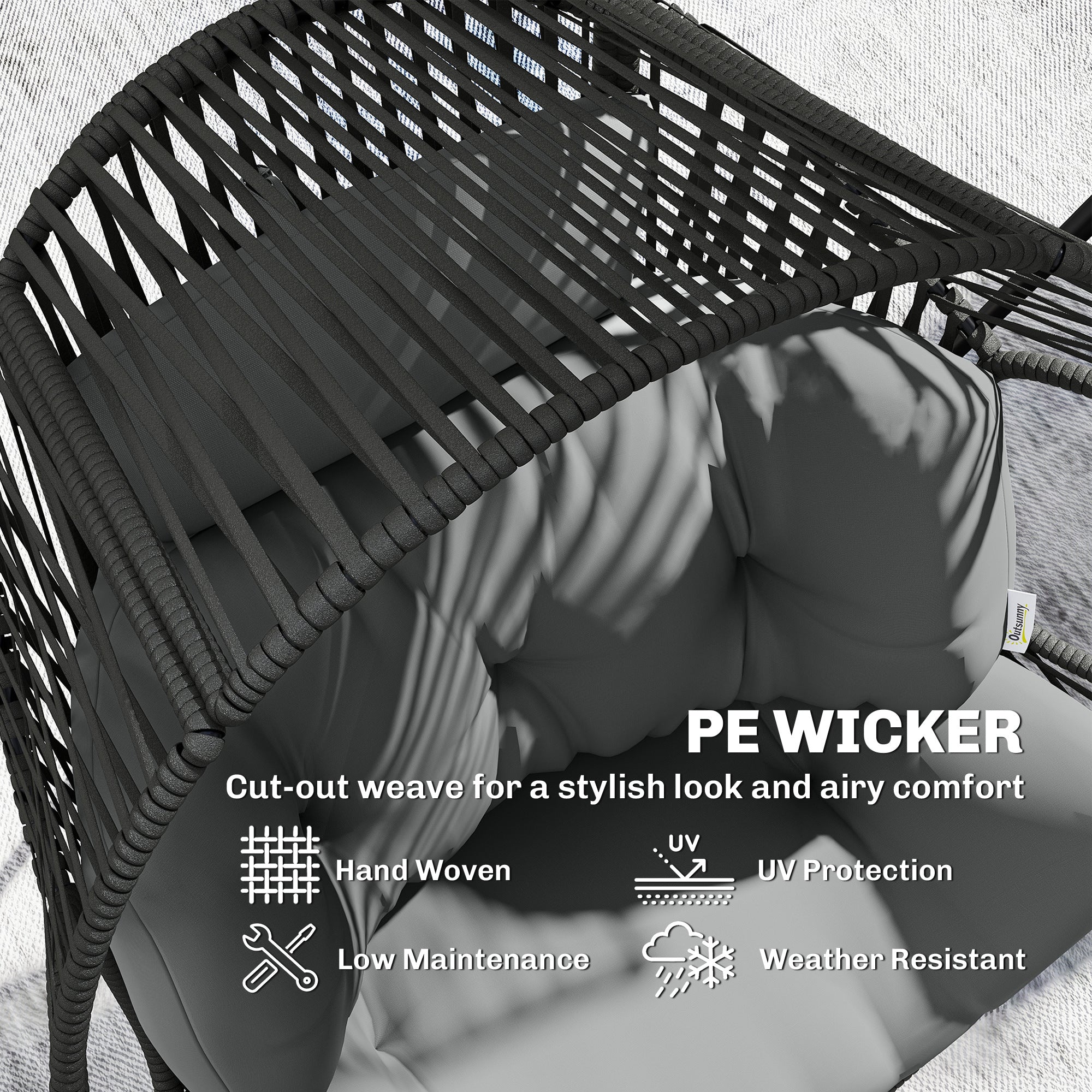 Wicker Egg Chair, Indoor Outdoor Rattan Lounge Chair with Thick Cushion and Headrest, Steel Frame, Adjustable Pads, Grey