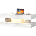 Coffee Table with Adjustable LED Lights, Center Table with 2 Drawers, Open Shelf, Remote, High Gloss Marble-Effect White