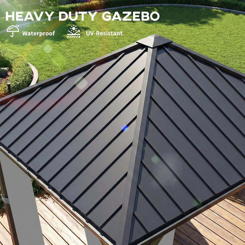 10' x 10' Hardtop Gazebo with Galvanized Steel Roof, Permanent Garden Gazebo with Netting and Curtains