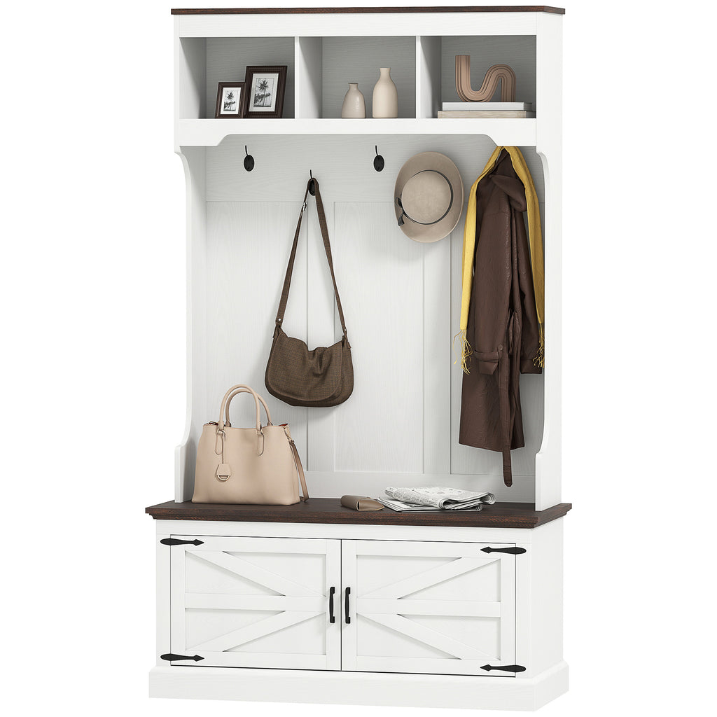 3-in-1 Hall Tree with Bench, Coat Rack with Shoe Storage, White Wood Grain