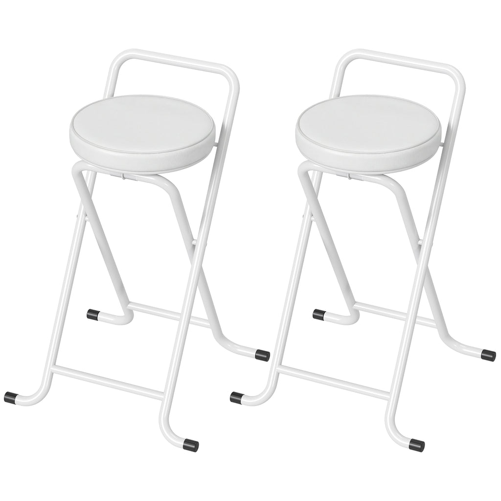 Foldable Bar Stools Set of 2, Folding Kitchen Chairs with PU Cushioned Seat, Footrest, White