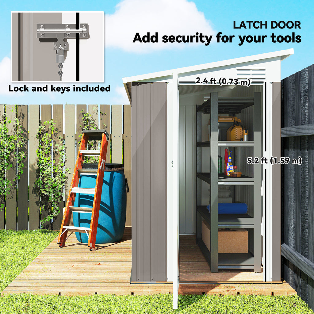 4' x 8' Outdoor Storage Shed Lean to Shed Outdoor Metal Tool Shed with Lockable Door and Air Vents, Light Grey