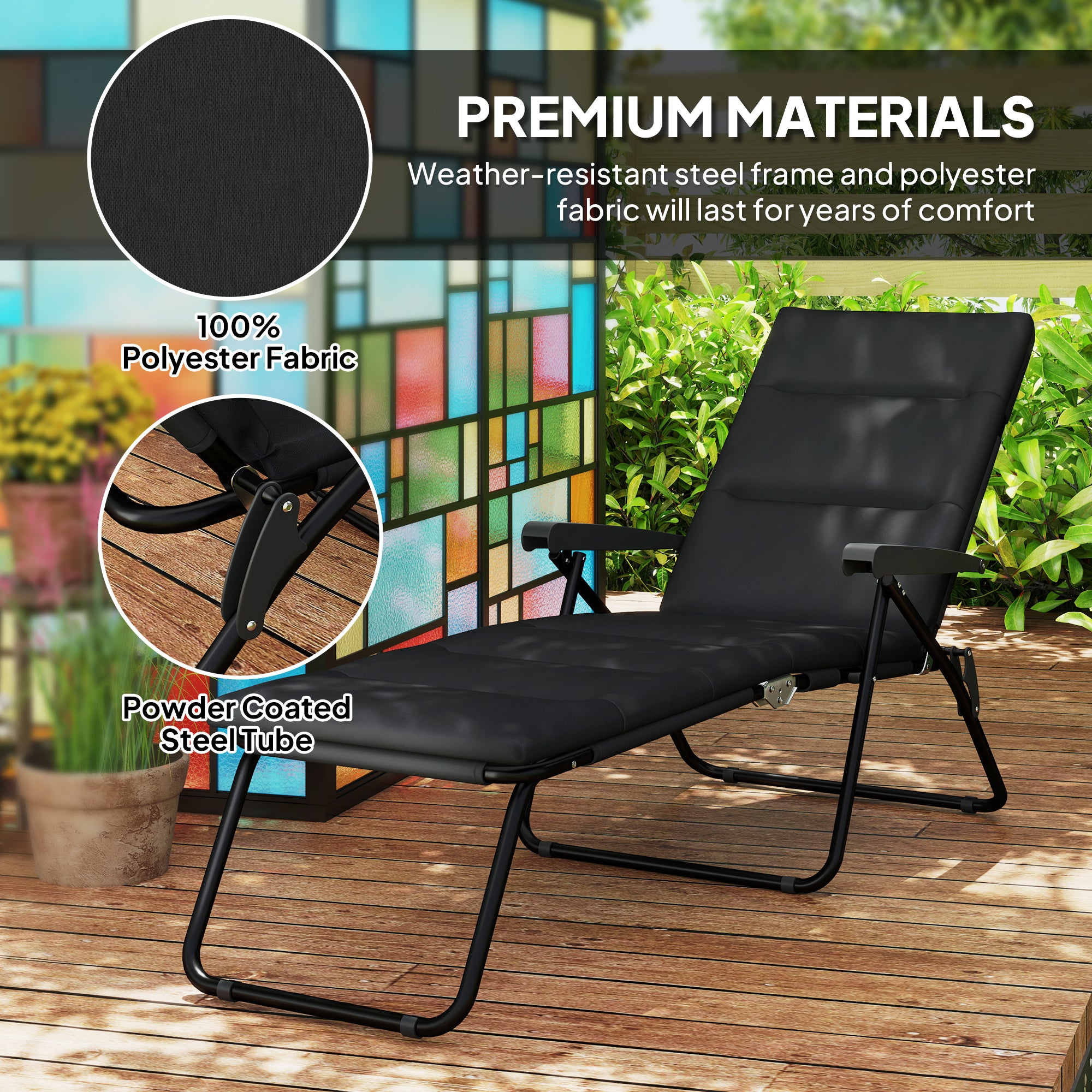 Foldable Lounge Chair, Reclining Patio Sun Lounger with 6-Position Adjustable Back, Black