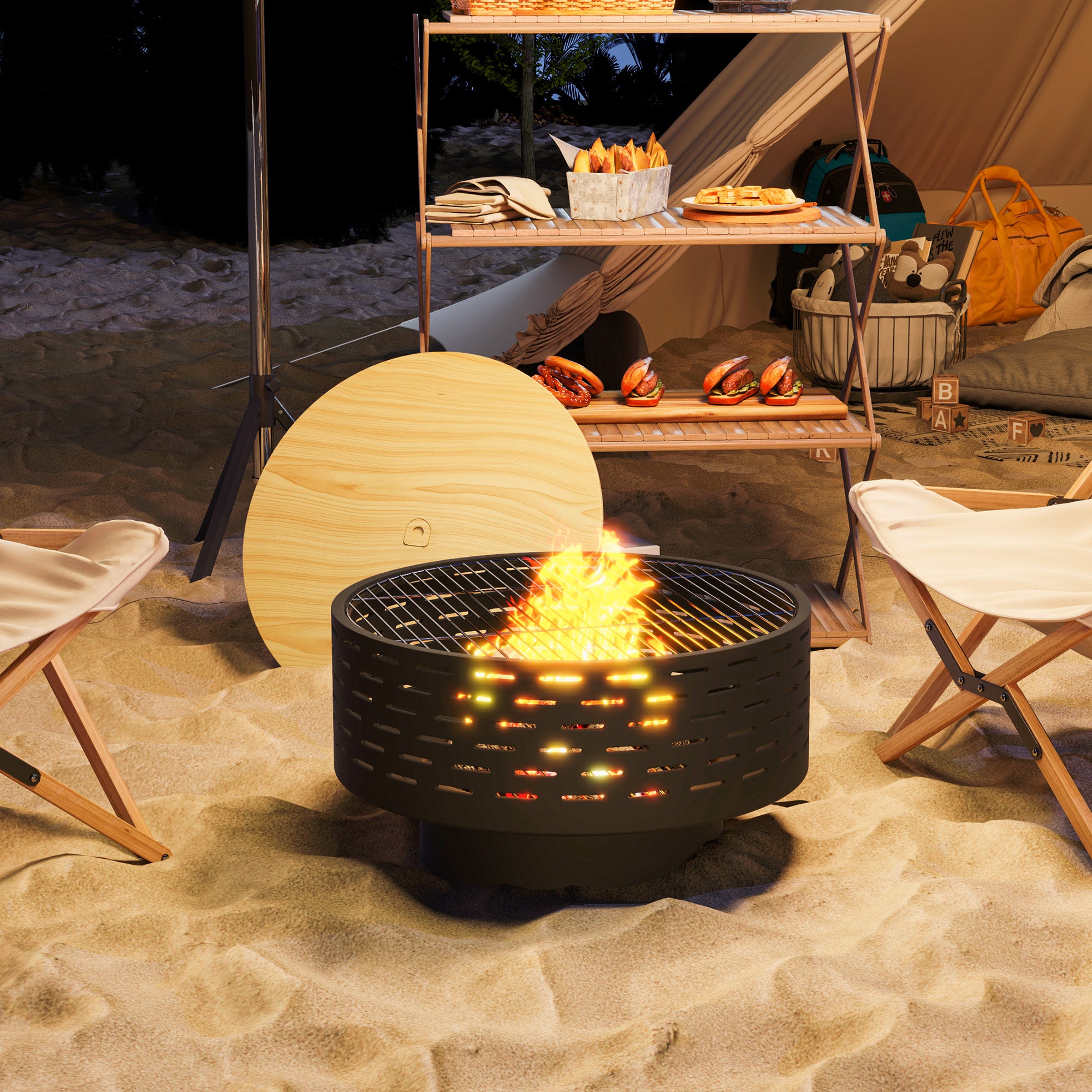 3-in-1 Fire Pit Î¦23.8" x 15.4" Outdoor Fire Bowl with Grill Grate, Wood-Effect Fire Basket