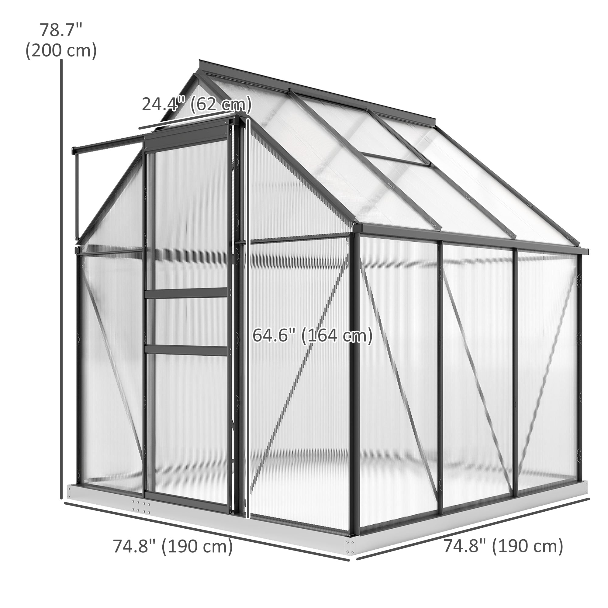 6' x 6' x 6.5' Polycarbonate Greenhouse, Walk-in Green House with Adjustable Roof Vent Galvanized Base Sliding Door Rain Gutter for Outdoor Garden Backyard, Grey