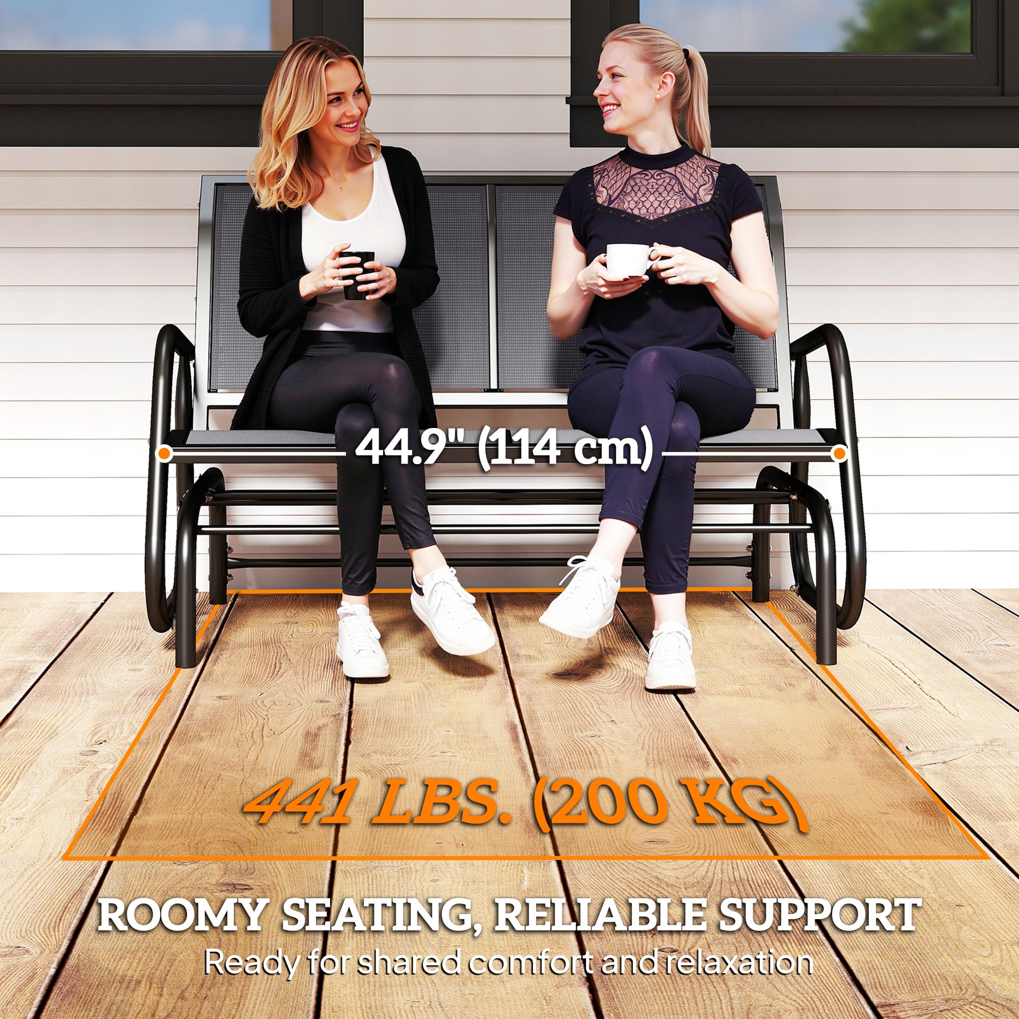 Patio Double Glider Outdoor Steel Sling Fabric Gliding Bench Garden Swing Chair Heavy-Duty Porch Rocker Garden Loveseat Grey