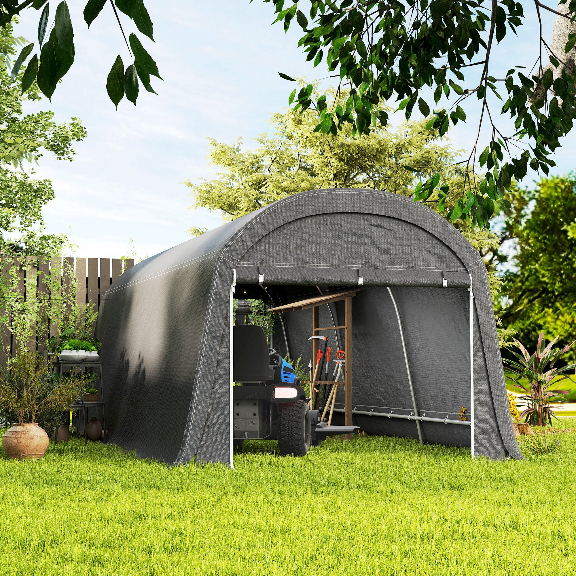 10' x 20' Portable Shed, Motorcycle Bike Tent with Roll-up Door, Galvanised Steel Frame for Garden Tools, Dark Grey