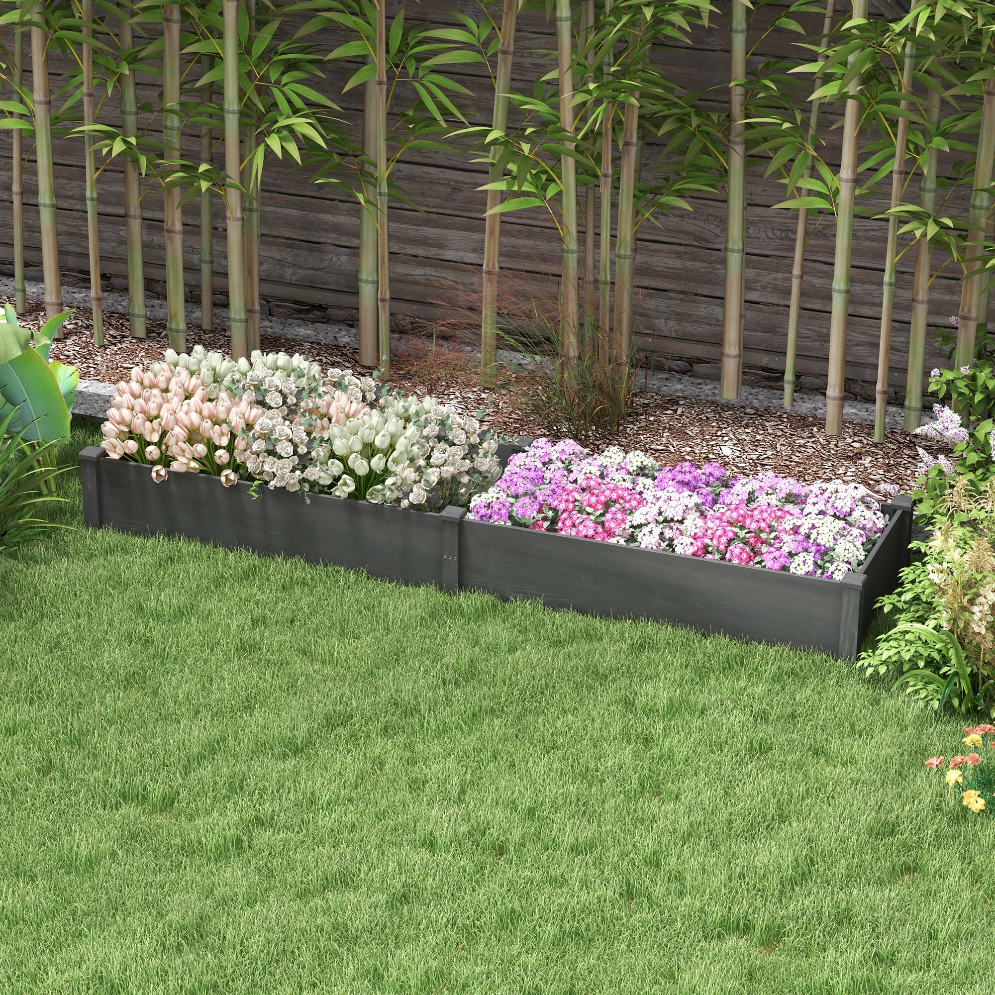 Garden Bed with 2 Planter Box and Non-woven Fabric Liner for Backyard, Patio, 96" x 24" x 10", Grey