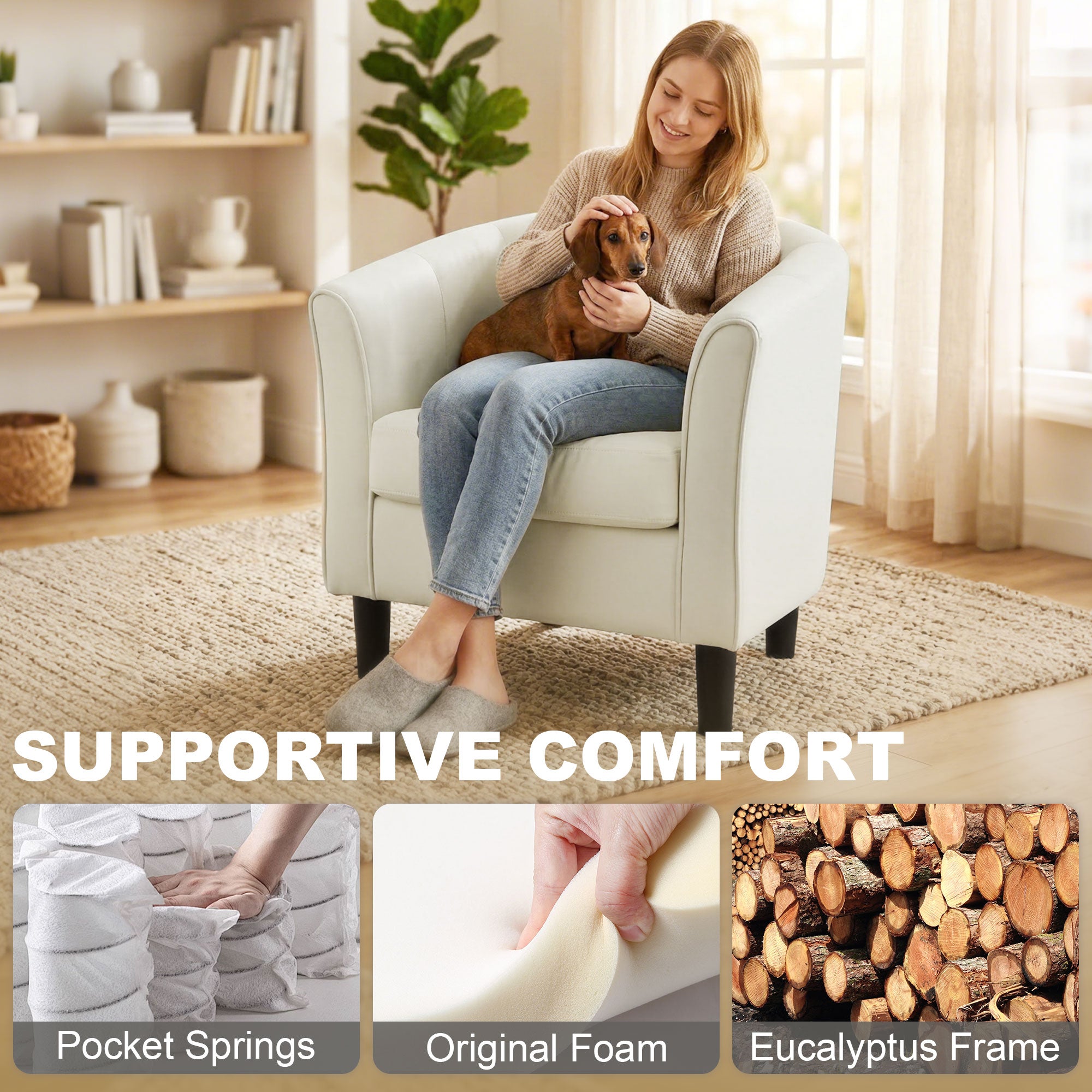 Accent Chair Modern Upholstered Living Room Chair with Ottoman and Pocket Spring Cushion Cream White