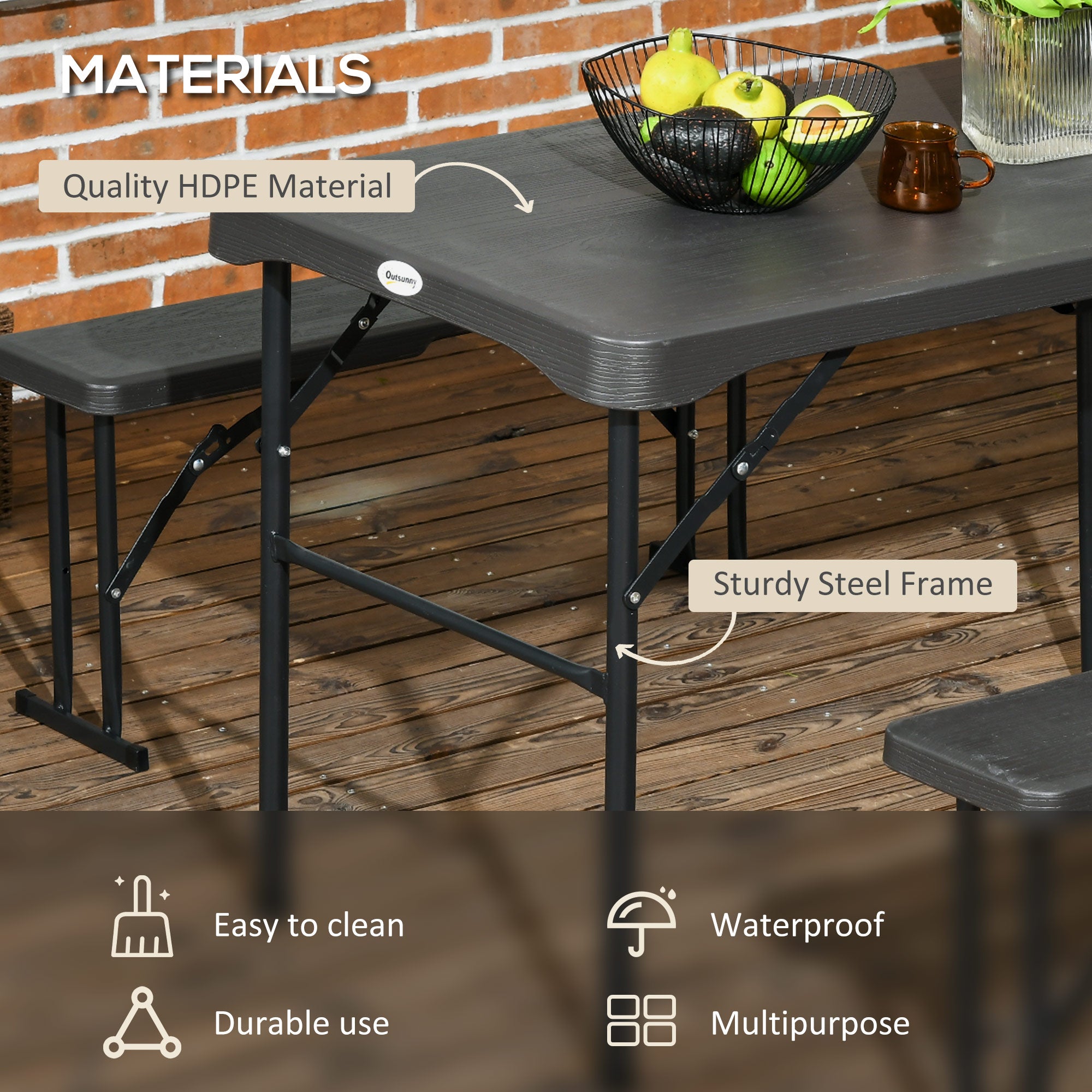 Folding Picnic Table with 2 Benches, 3-Piece Portable Outdoor Picnic Table Bench Set for 4, Patio Dining Table Set with Plastic Top, Steel Frame for Garden, Dark Grey