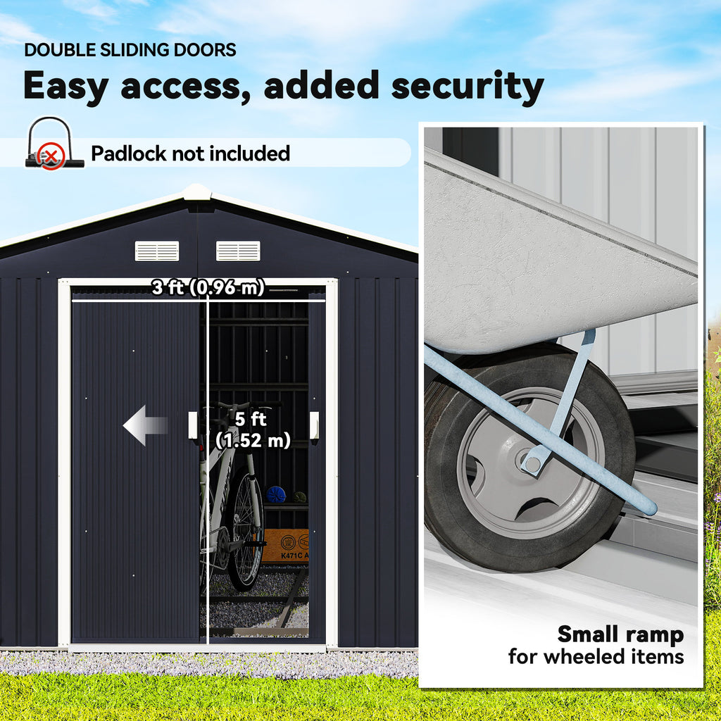 11' x 9' Metal Storage Shed Garden Tool House with Double Sliding Doors, 4 Air Vents for Backyard, Patio, Lawn Dark Grey
