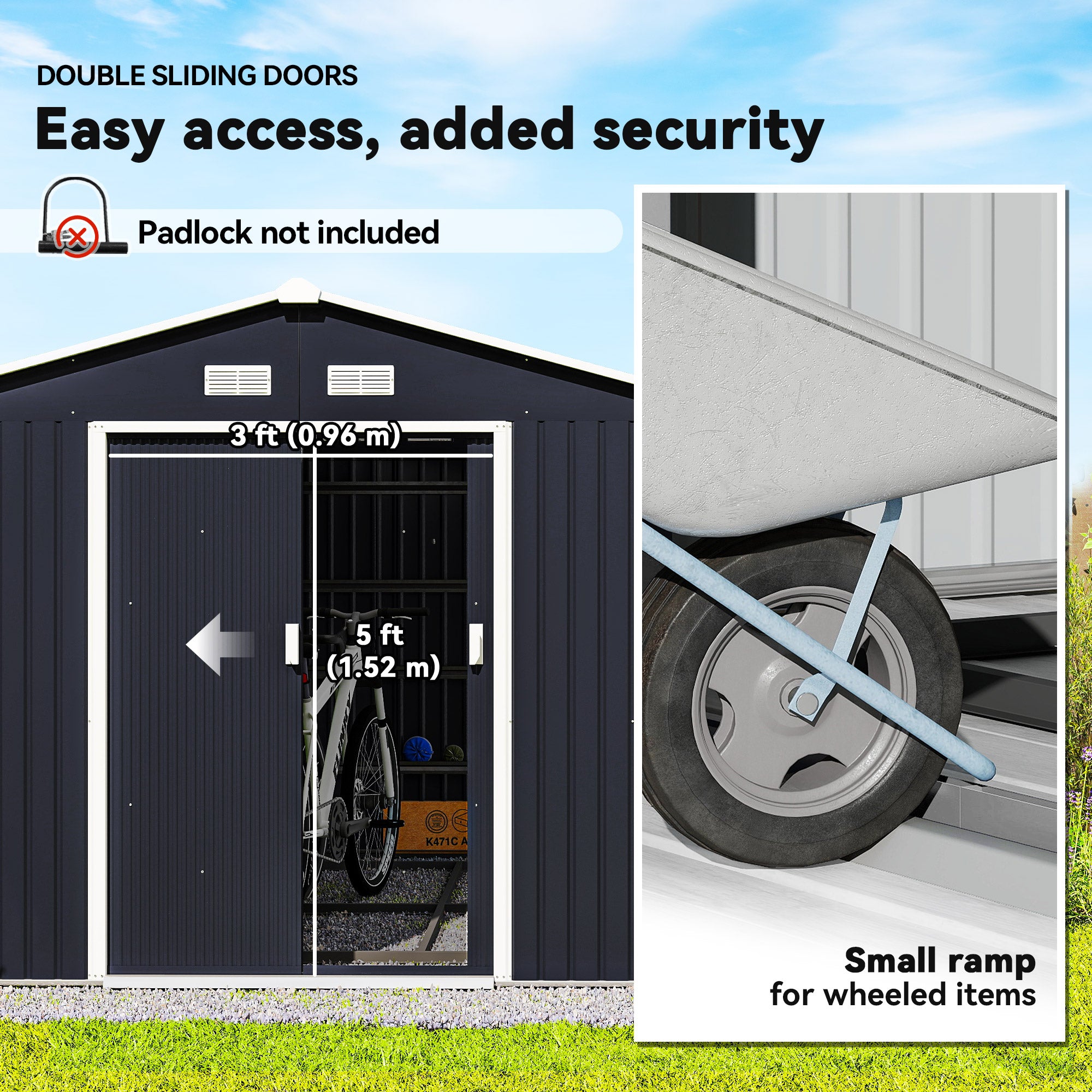 11' x 9' Metal Storage Shed Garden Tool House with Double Sliding Doors, 4 Air Vents for Backyard, Patio, Lawn Dark Grey
