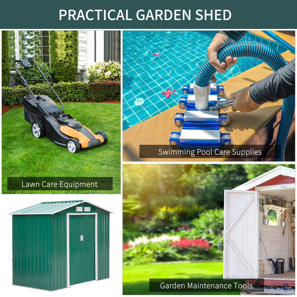 7' x 4' x 6' Garden Storage Shed Outdoor Patio Metal Tool Storage House w/ Foundation Kit and Double Doors Green
