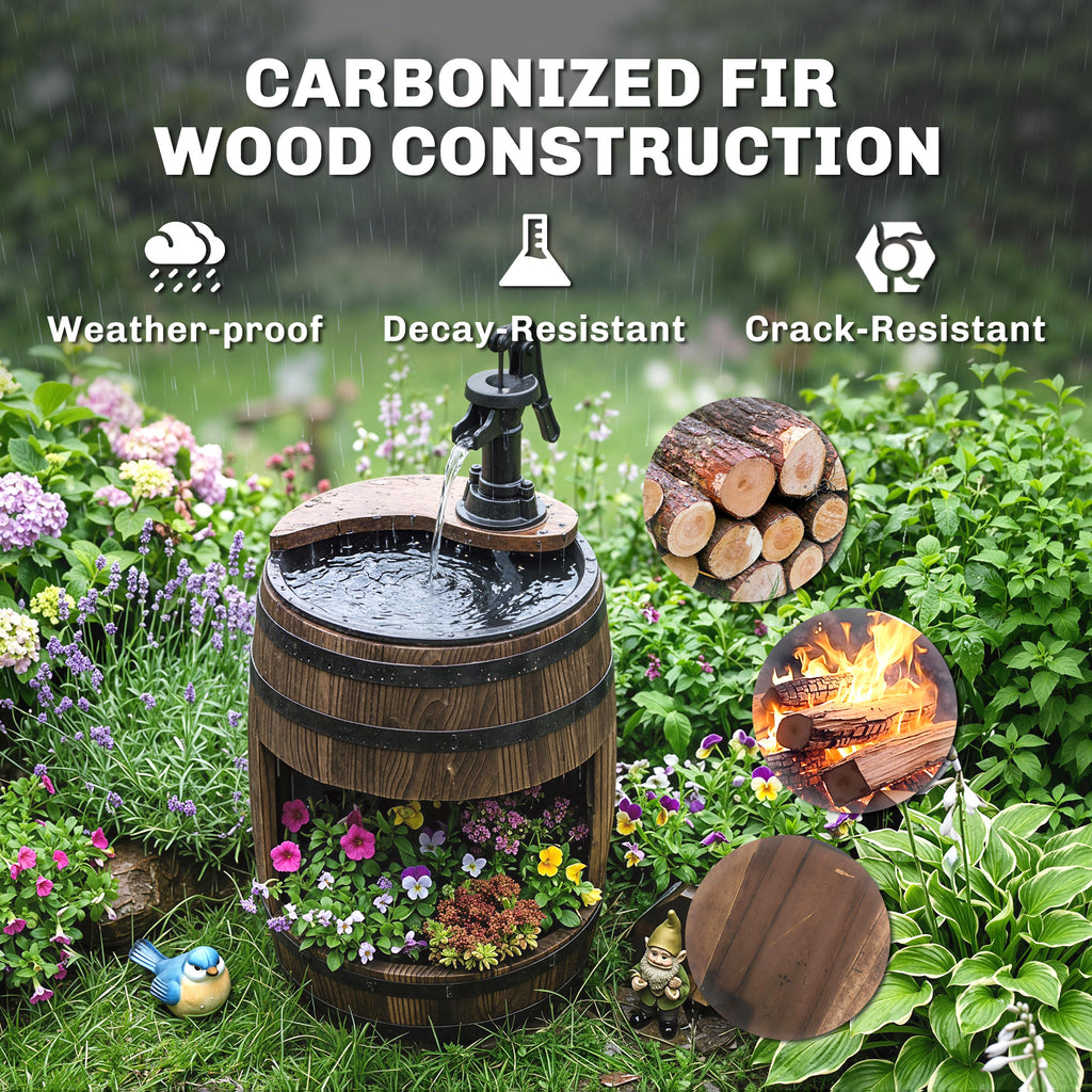 Wooden Outdoor Fountain, Electrical Barrel Waterfall with 3600r/min Speed Pump for Patio, Backyard, Carbonized