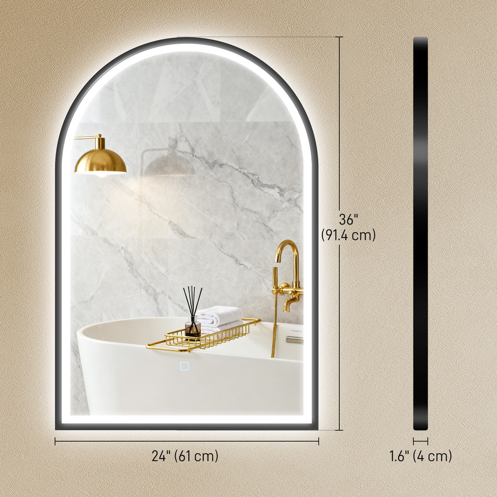 24" x 36" LED Bathroom Mirror, Arched Tempered Glass Wall Mirror, Anti-Fog, Dimmable, Memory Function, Black