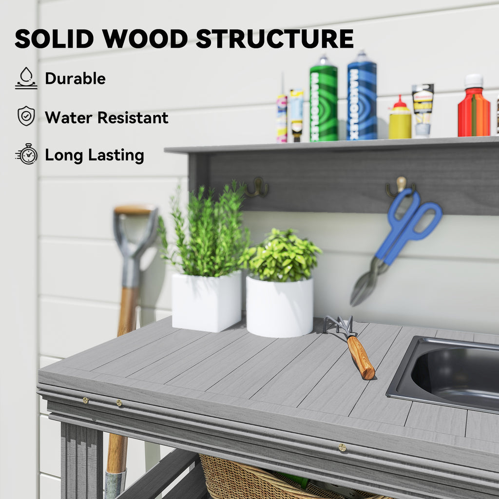 Outdoor Potting Bench Table with Faucet, Removable Sink, Hooks and Storage Shelves, Wood Work Bench Workstation, Grey