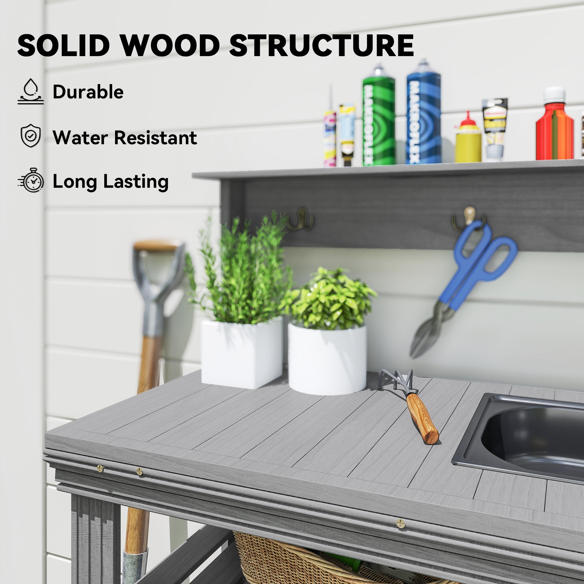 Outdoor Potting Bench Table with Faucet, Removable Sink, Hooks and Storage Shelves, Wood Work Bench Workstation, Grey