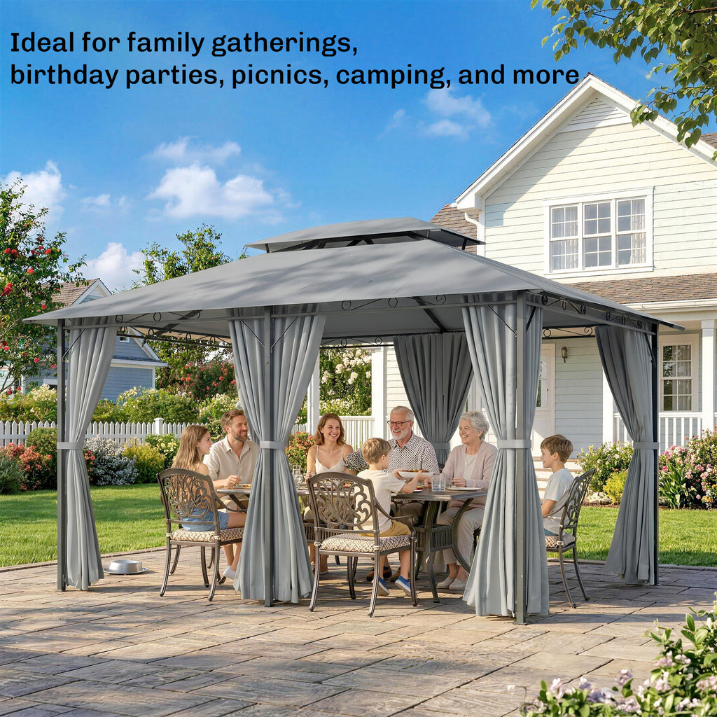 13'L x 10'W x 8.7'H Patio Gazebo Outdoor 2-Tiers Garden Canopy Yard Sunshade Shelter with Curtains, Grey