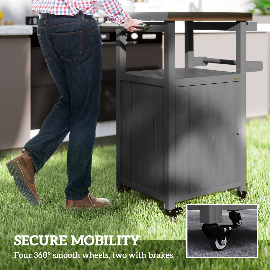 Grill Table with Stainless Steel Top, Pizza Oven Table with Storage Cabinet, Spice Rack, Wheels, Handle, Dark Grey