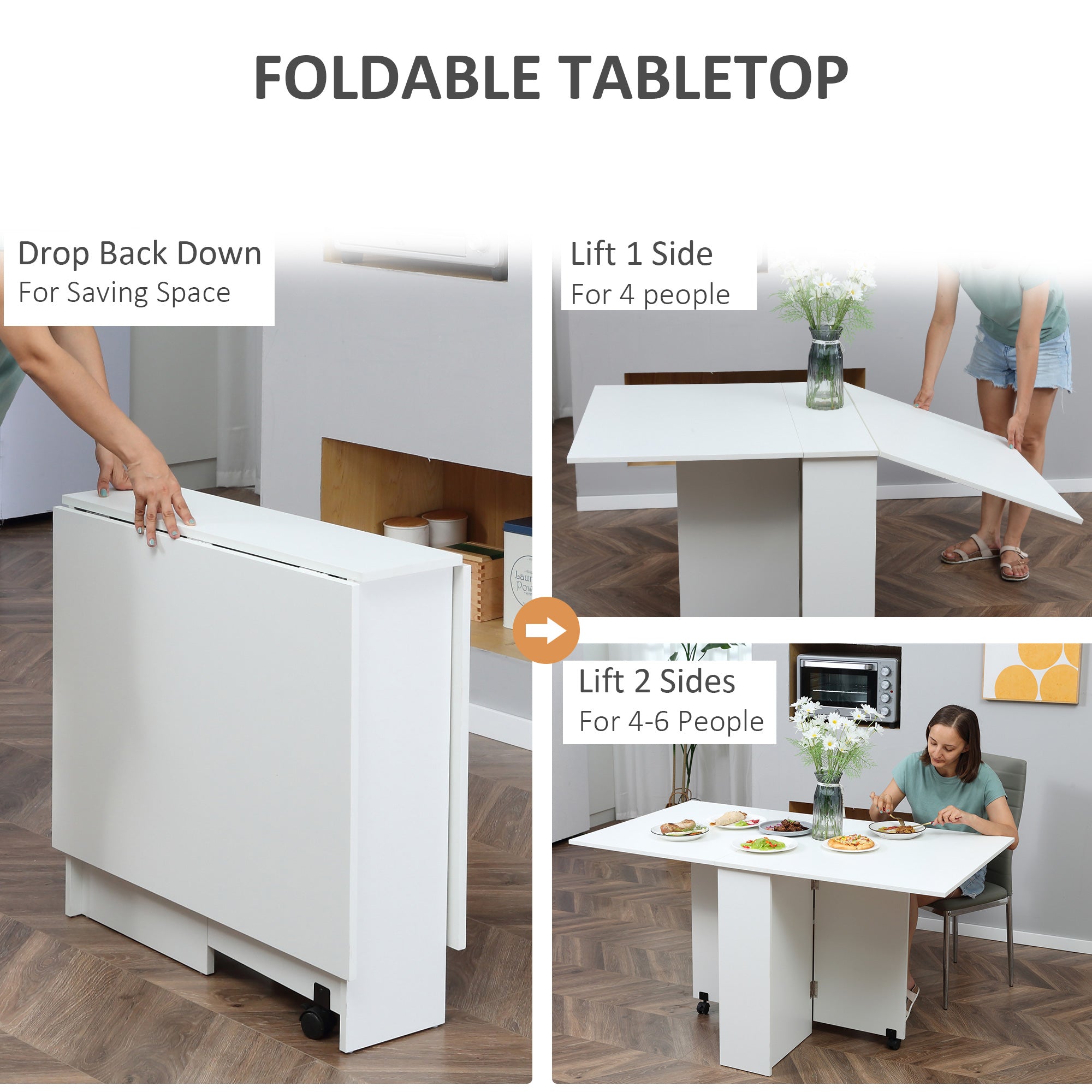 Extendable Dining Table, Collapsible Folding Table w/ 2-tier Shelves and Rolling Casters, White