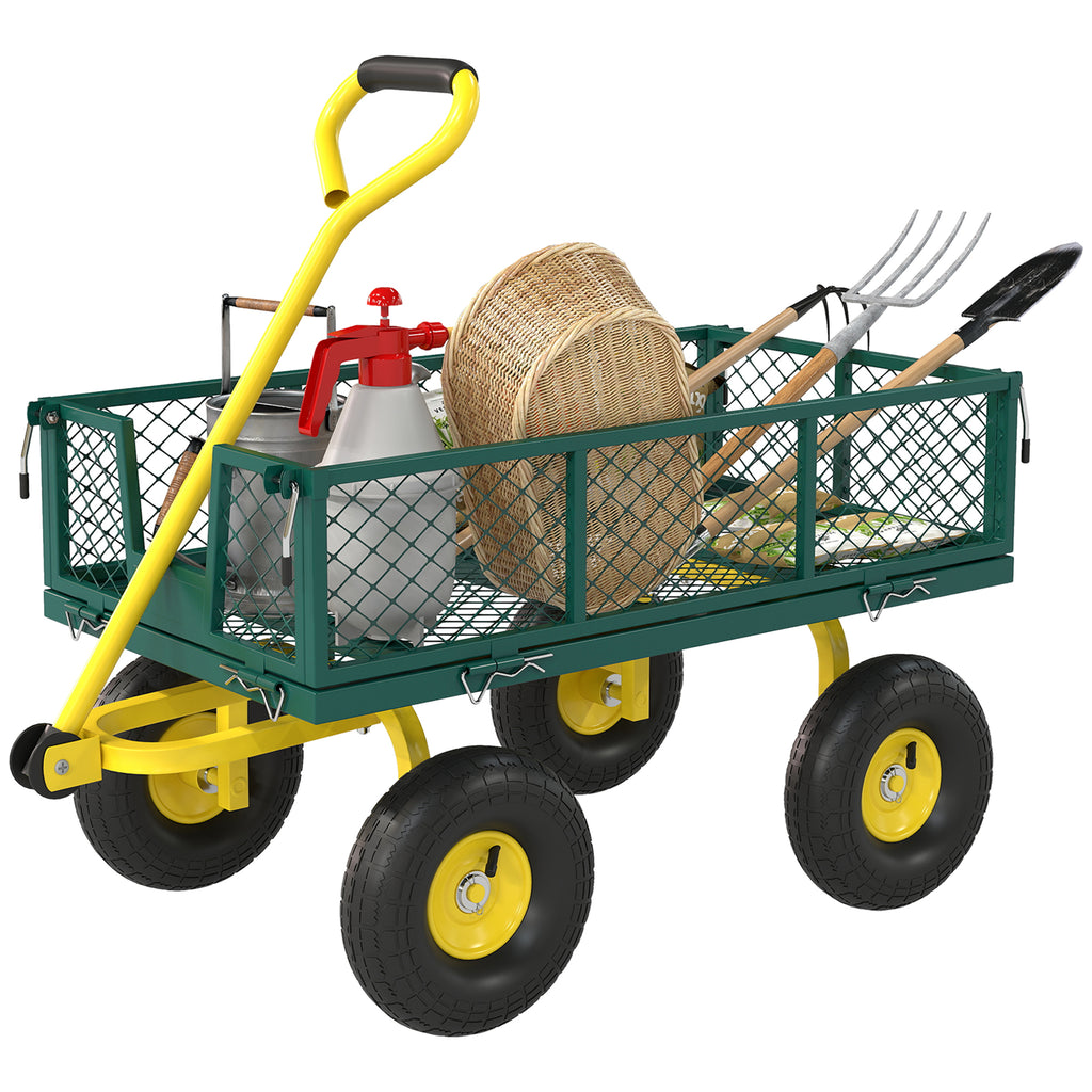Garden Cart, Utility Wagon Cart with Removable Sides, Convert into Flatbed, 10" Wheels, 180Â° Rotating Handle, Green