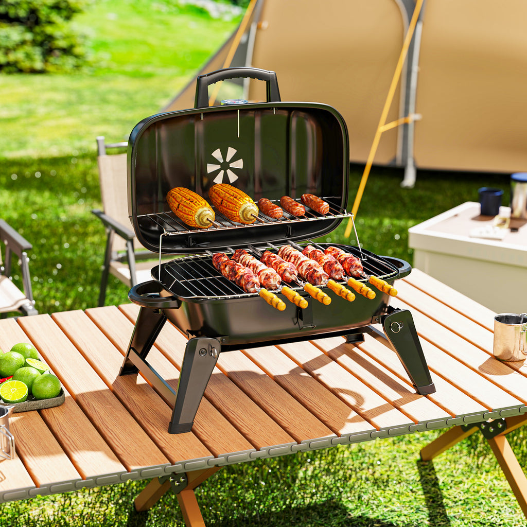 Charcoal BBQ Grill, Foldable Barbecue Grill with Warming Rack, Adjustable Vent, Thermometer, Handles, Black