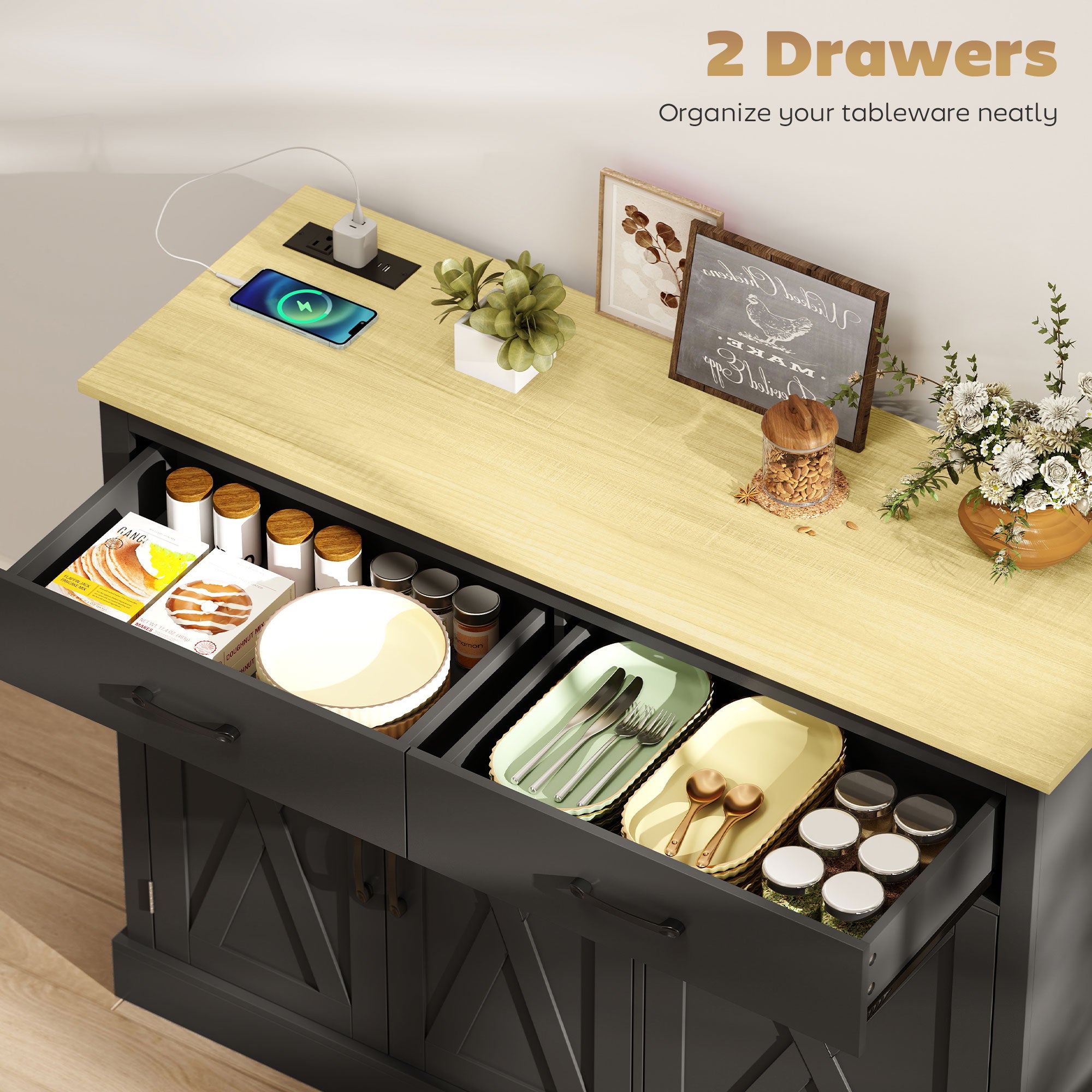 7 Gallon Tilt Out Garbage Cabinet, Kitchen Island with Charging Station, 2 Drawers, 4 Door Racks, Black