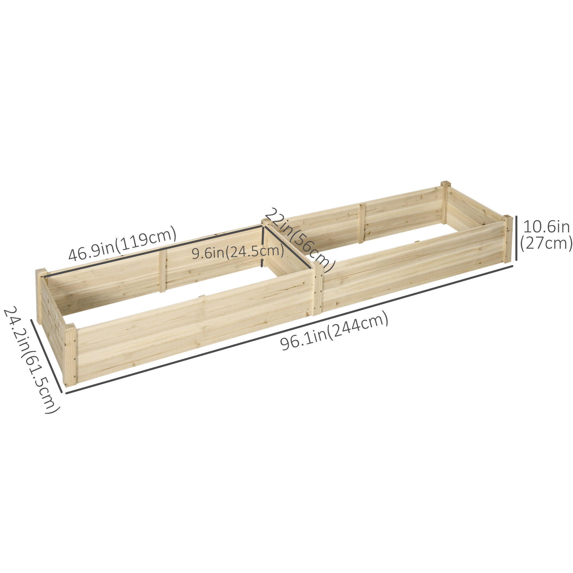 96" x 24" x 10" Wooden Raised Garden Bed with 2 Planter Box and Non-woven Fabric Liner for Backyard, Patio to Grow Vegetables, Herbs, and Flowers, Natural