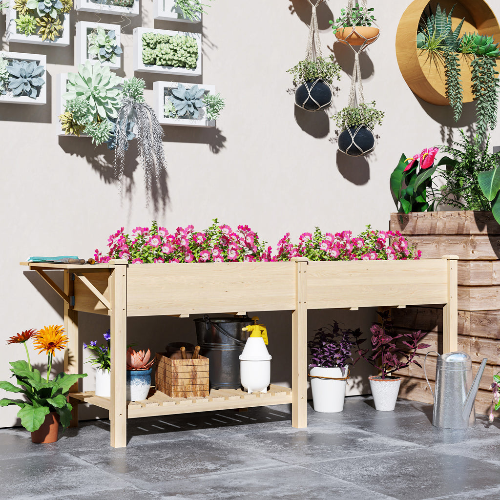 Raised Garden Bed, Wood Planter Box with Side Table, Bottom Shelf, Bed Liners and Drainage Holes, Natural