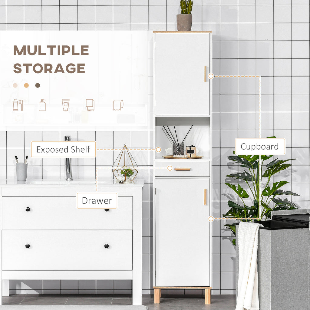 Bathroom Storage Cabinet with Cupboards and Drawer, Floor Free Standing Linen Tower, Tall Slim Side Organizer Shelves, White