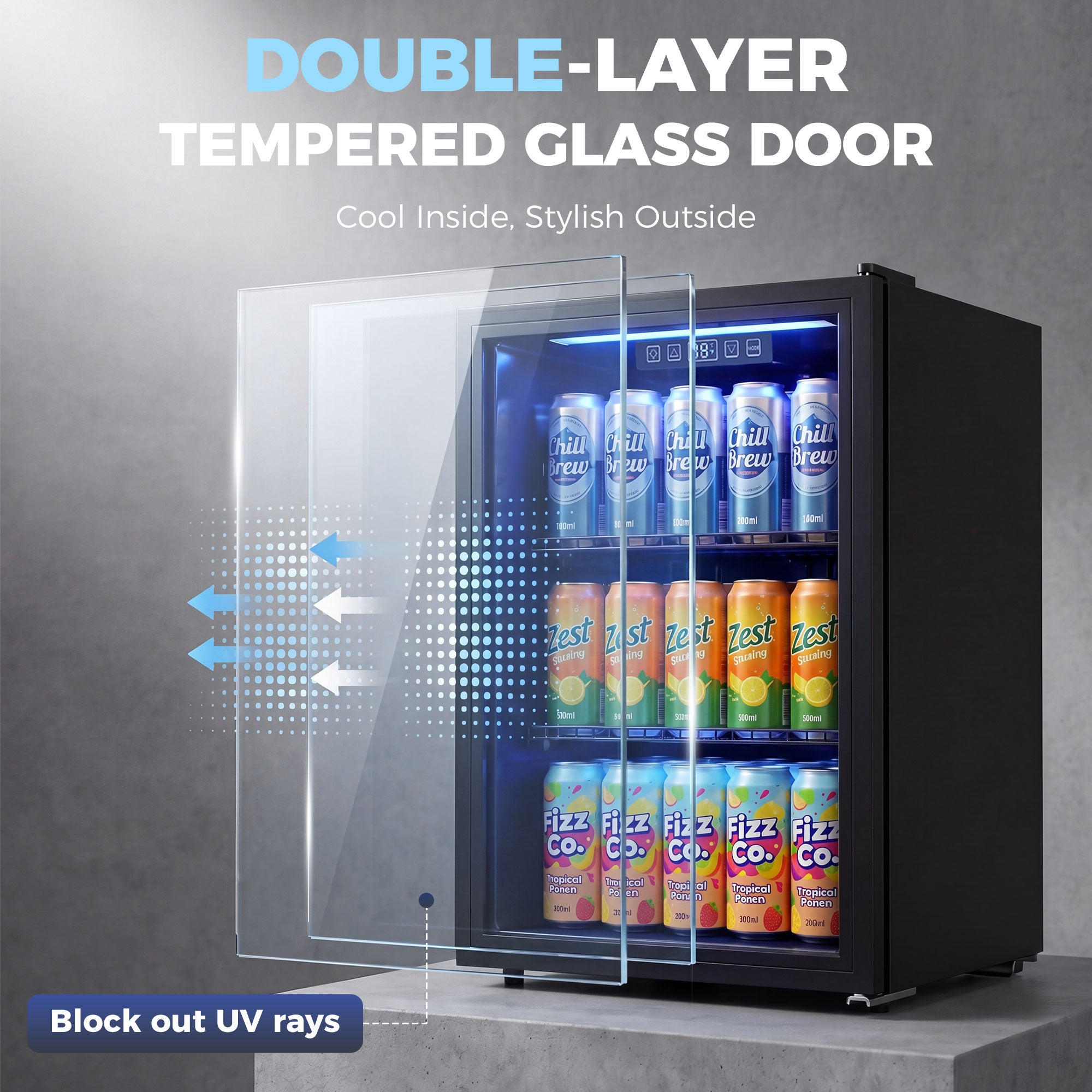 2.4 Cu.Ft Beverage Refrigerator, 70 Can Beverage Fridge Cooler with Double-Layer Glass Door