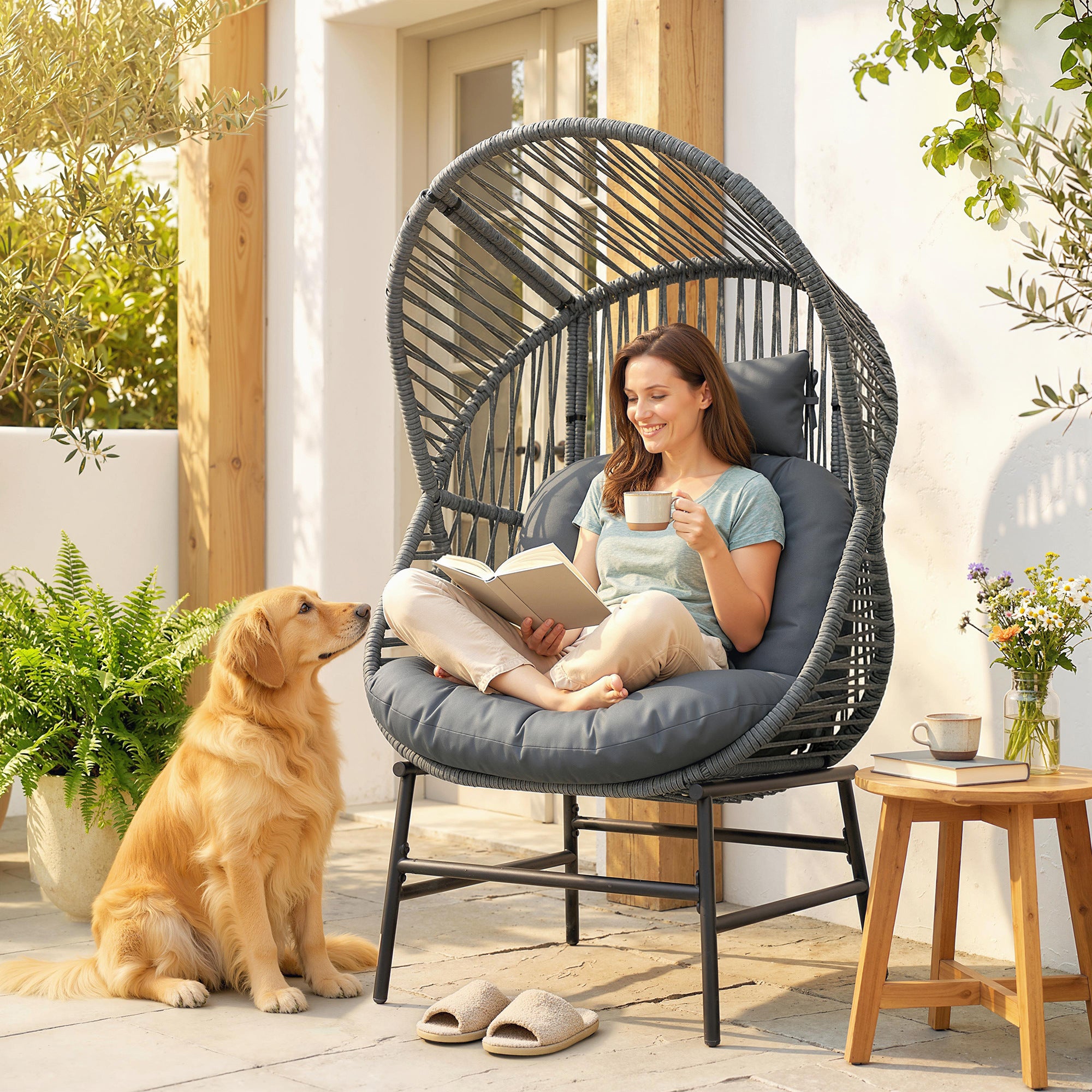 Wicker Egg Chair, 330 lbs Outdoor Rattan Lounge Chair with Thick Cushion, Headrest, Steel Frame, Dark Grey