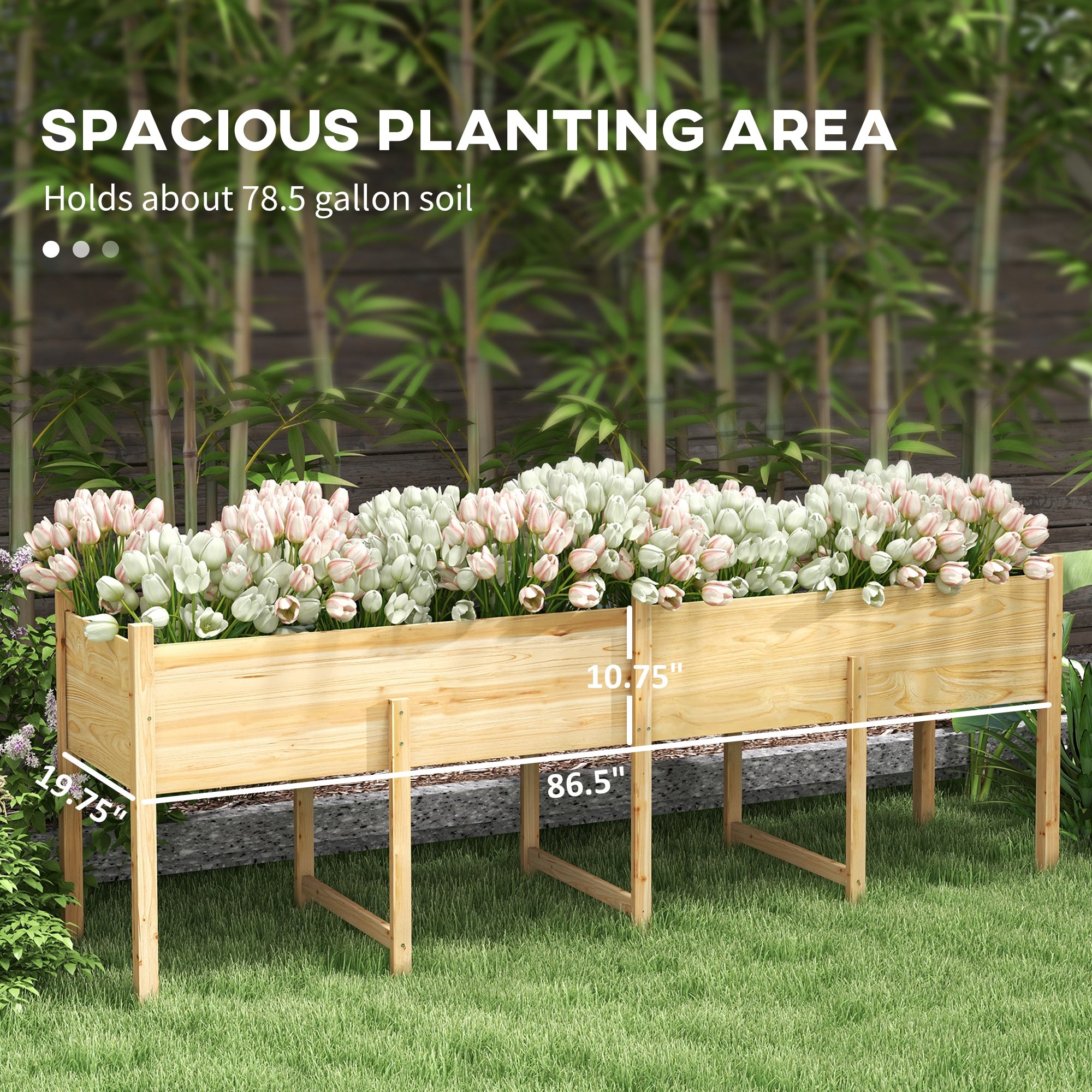 Wooden Raised Garden Bed Planter, Large Elevated Planter Box with Legs, Bed Liner and Drain Holes, 7.4' x 1.8' x 2.6'