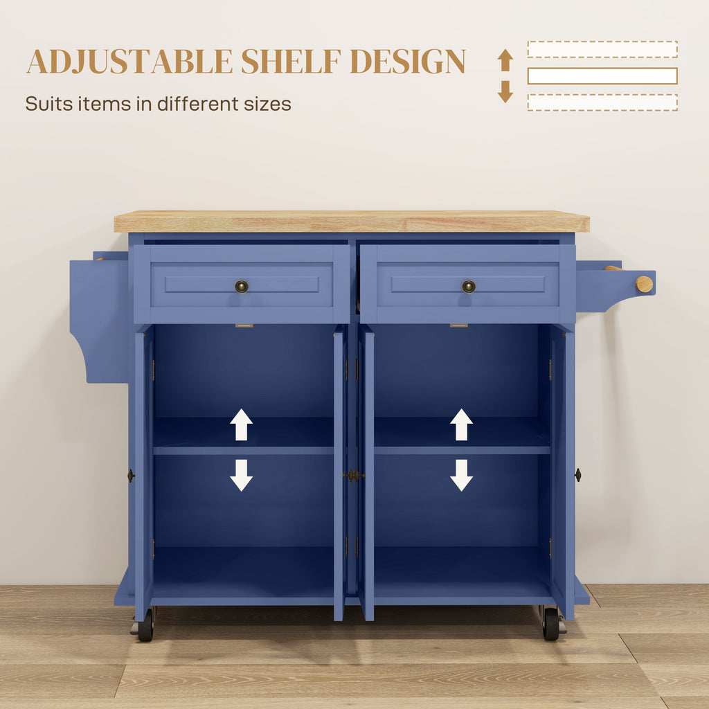 Kitchen Island with Storage, Rolling Trolley Cart with Rubber Wood Top, Spice Rack, Towel Rack, Navy Blue