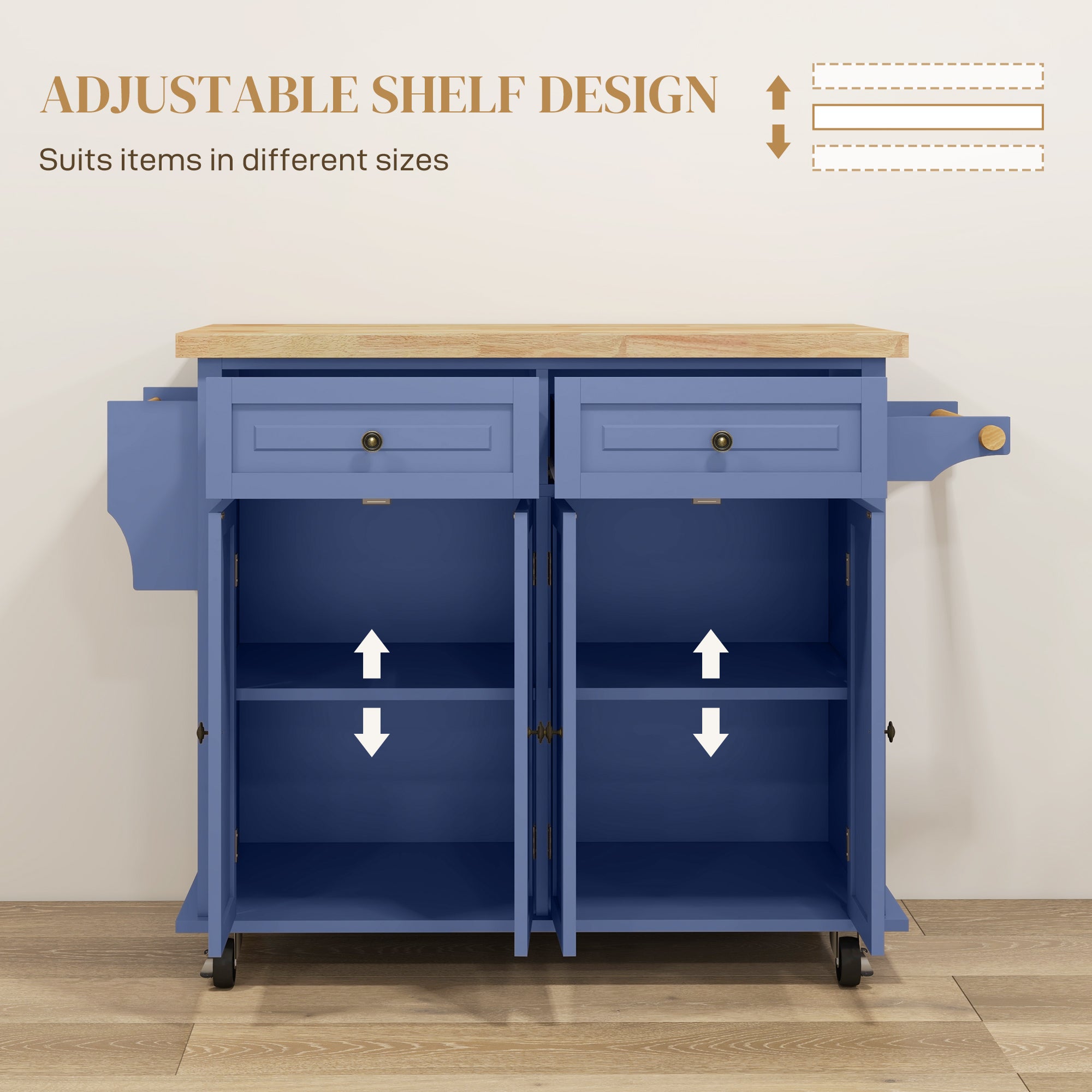 Kitchen Island with Storage, Rolling Trolley Cart with Rubber Wood Top, Spice Rack, Towel Rack, Navy Blue