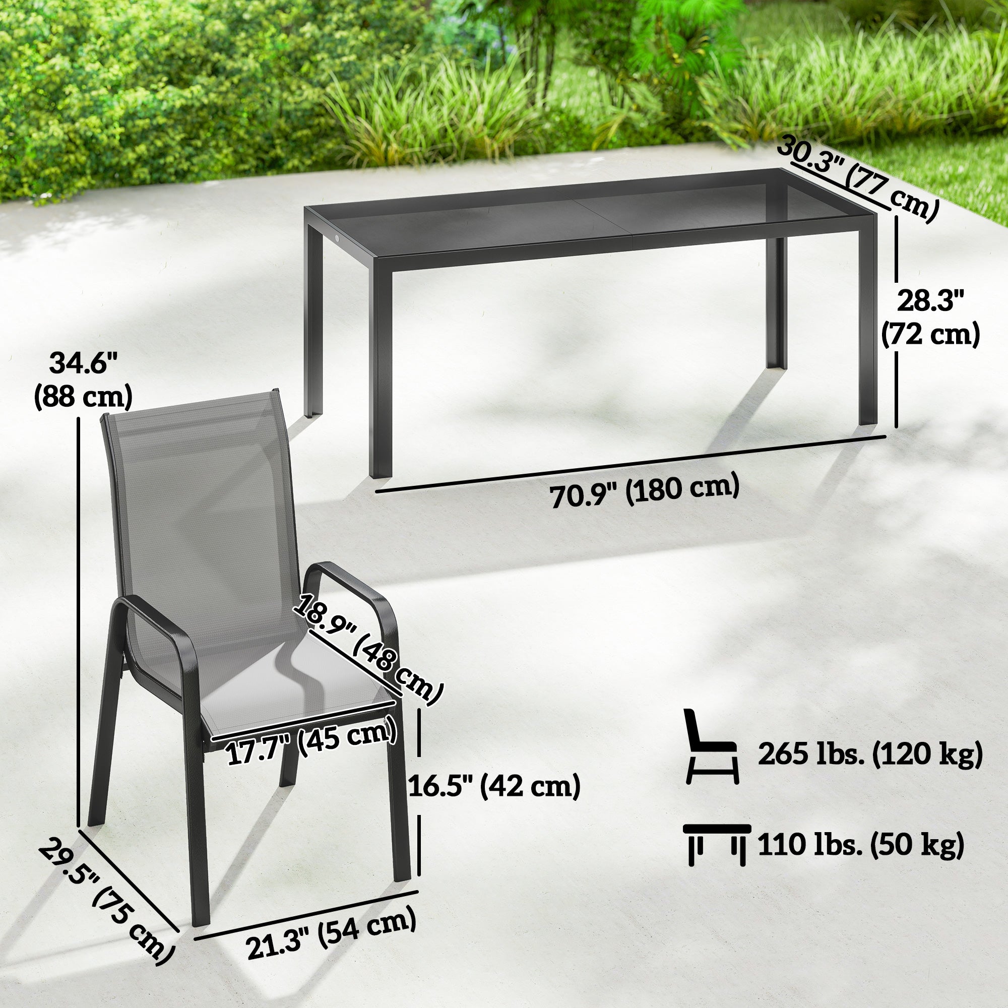 9 Pieces Patio Set with Stackable Chairs, Patio Dining Set with Glass Top for Garden, Patio, Backyard, Light Grey