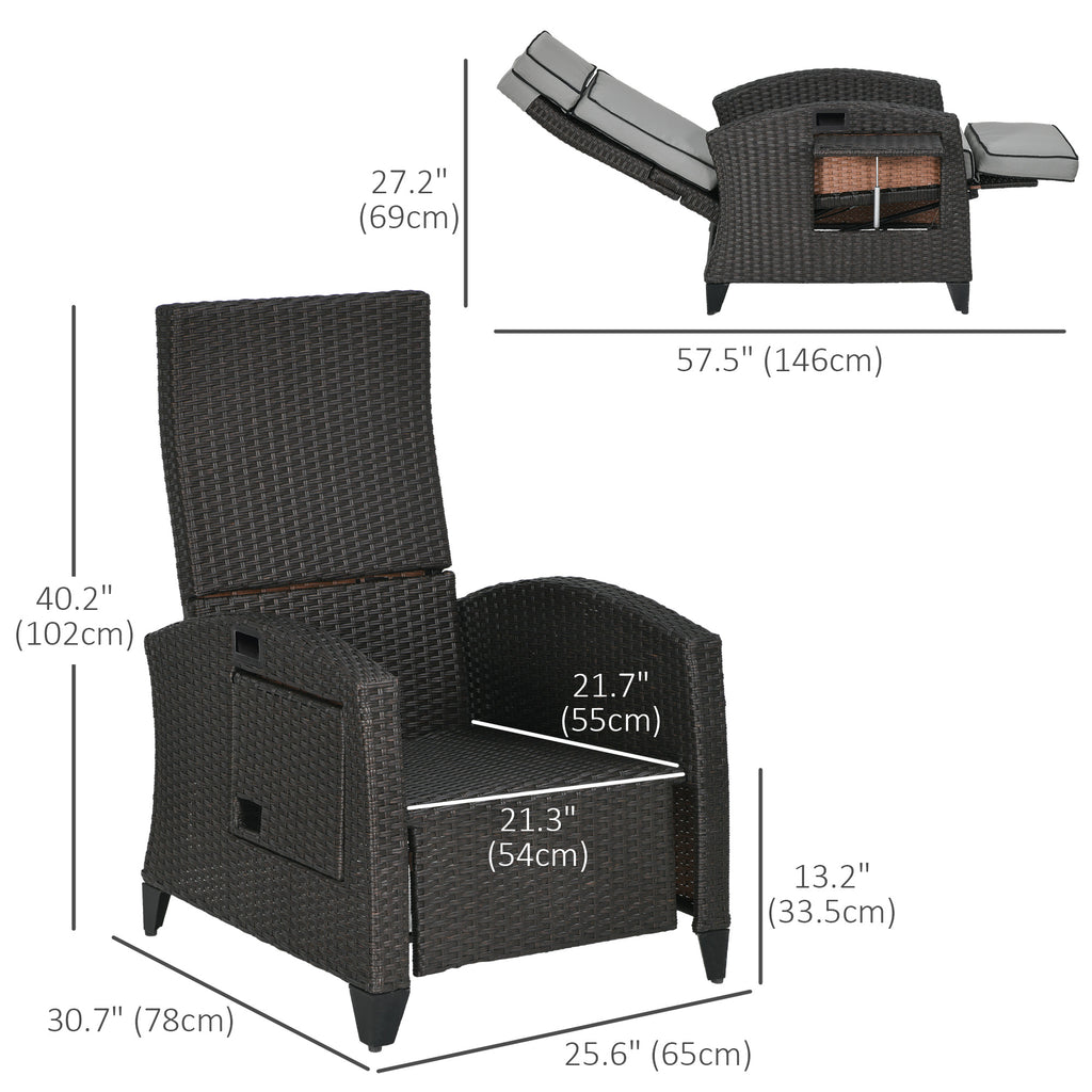 Wicker Recliner Chair with Adjustable Backrest and Footrest, Washable Cushion, Side Tray, Light Grey