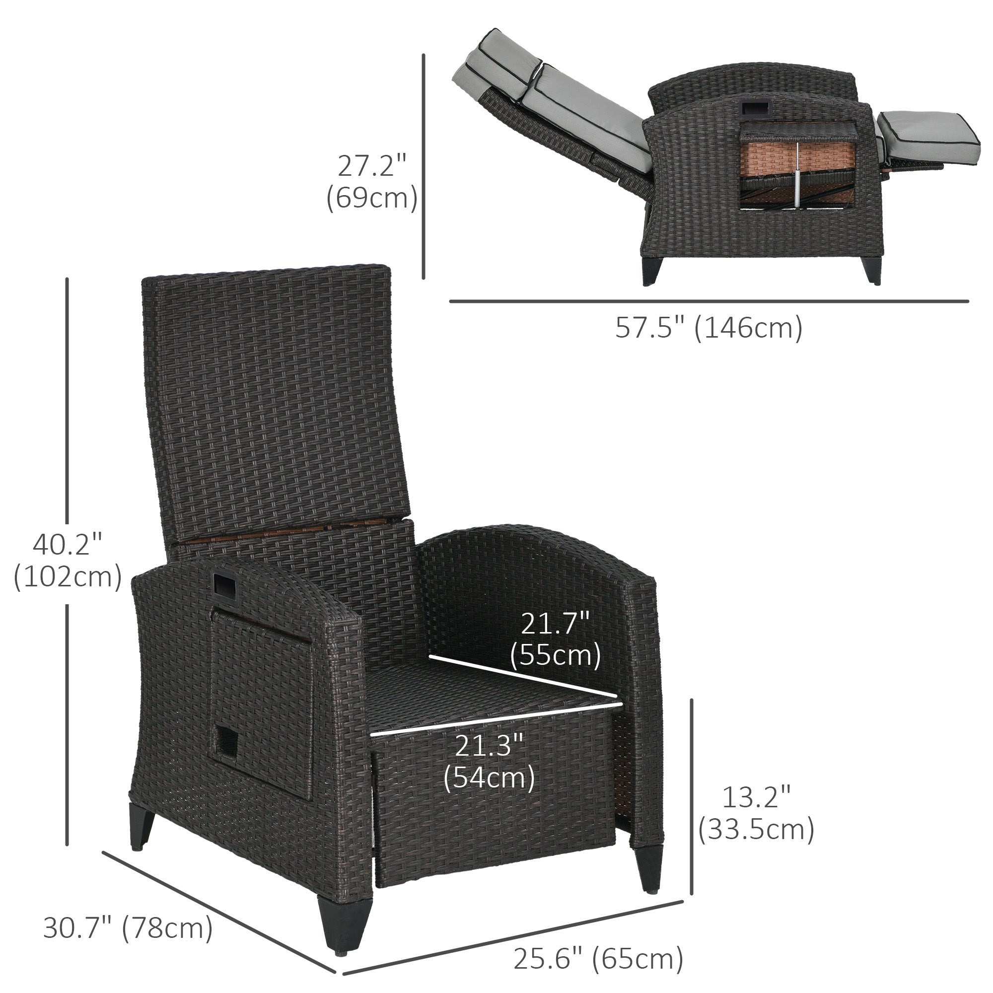 Wicker Recliner Chair with Adjustable Backrest and Footrest, Washable Cushion, Side Tray, Light Grey