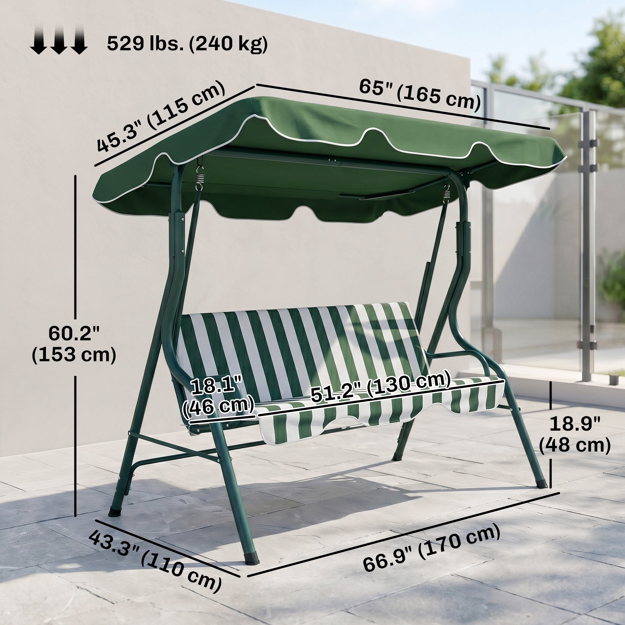 Outdoor Porch Swing with Adjustable Canopy, 3-Seater Patio Swing Chair with Cushion, Green