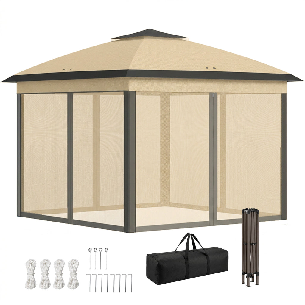 11' x 11' Pop Up Gazebo, Double Roof Foldable Height Adjustable Canopy Tent with Mesh Sidewalls, Carrying Bag, Beige
