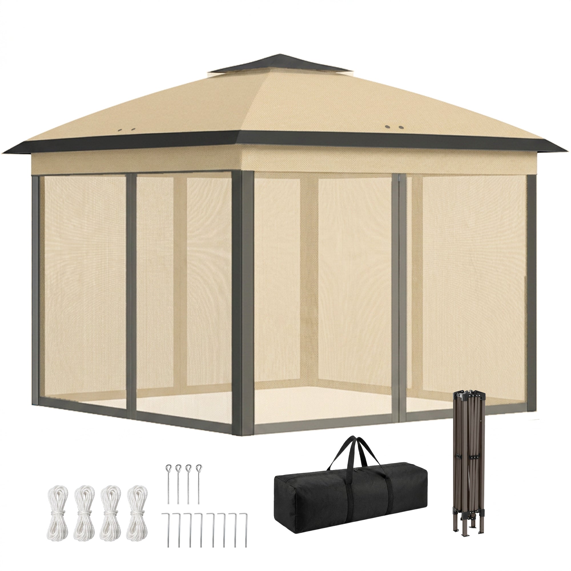11' x 11' Pop Up Gazebo, Double Roof Foldable Height Adjustable Canopy Tent with Mesh Sidewalls, Carrying Bag, Beige