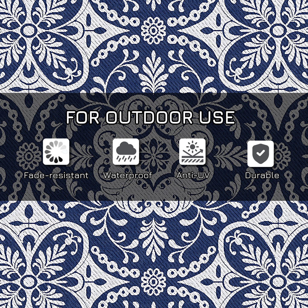 Portable Outdoor Rug with Carry Bag, 9' x 18' Reversible Mat, Waterproof Plastic Straw RV Rug, Blue & White Flower