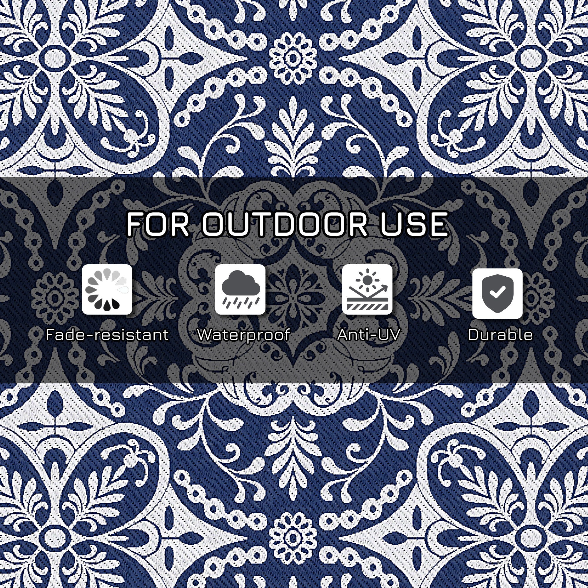 Portable Outdoor Rug with Carry Bag, 9' x 18' Reversible Mat, Waterproof Plastic Straw RV Rug, Blue & White Flower