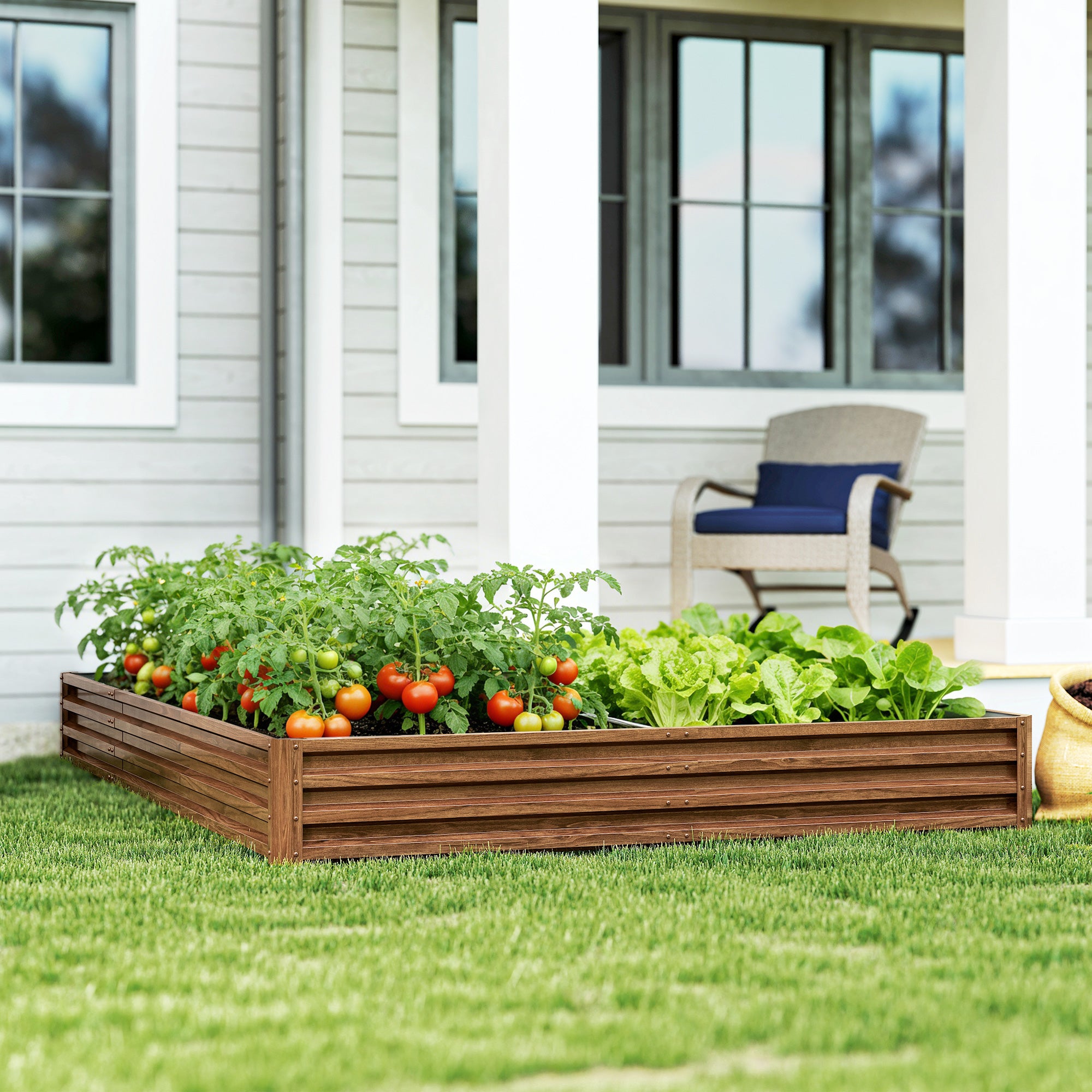 L-Shaped Raised Garden Bed, 82" x 109" x 12" Galvanized Steel Planter Box with Multi-reinforced Rods for Vegetables, Flowers and Herbs, Dark Brown Wood Effect