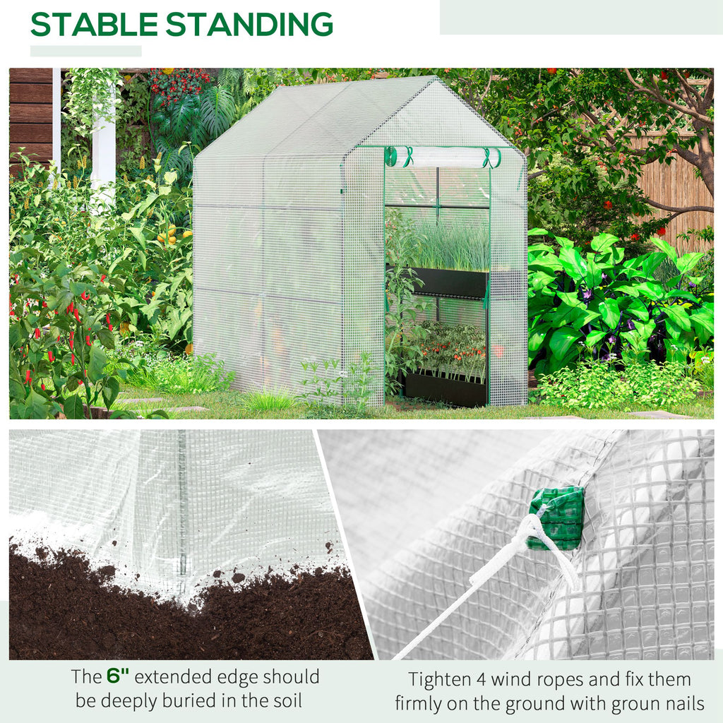 73" x 47" x 75" Walk-in Greenhouse Outdoor Portable Plant Flower Growth Warm House Garden Tunnel Shed with Roll-up Door and 4 Shelves, White