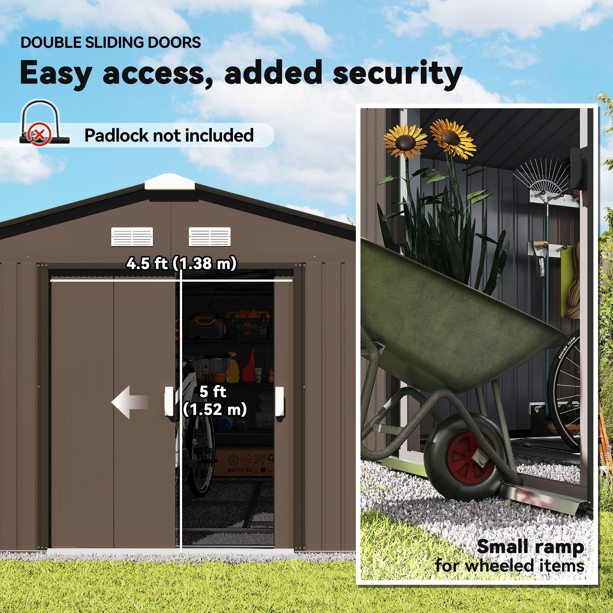 11' x 13' Outdoor Metal Storage Shed Large Tool House with Weatherproof Construction, Vent, Foundation Kit, Brown