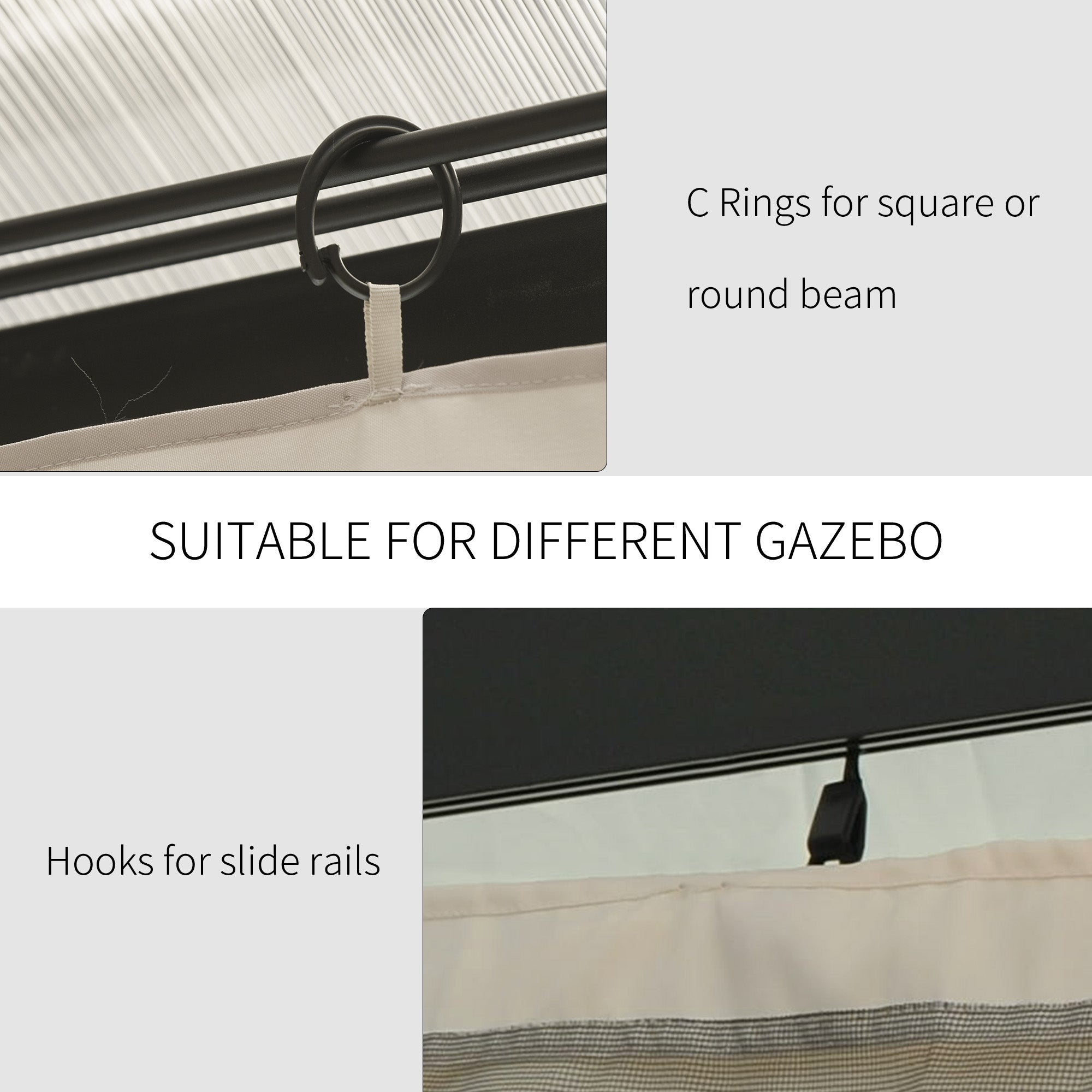 Gazebo Curtains, 10' x 10' Universal Replacement Privacy Curtain, 4-Panels Sidewall with Hooks/C-Rings, Beige