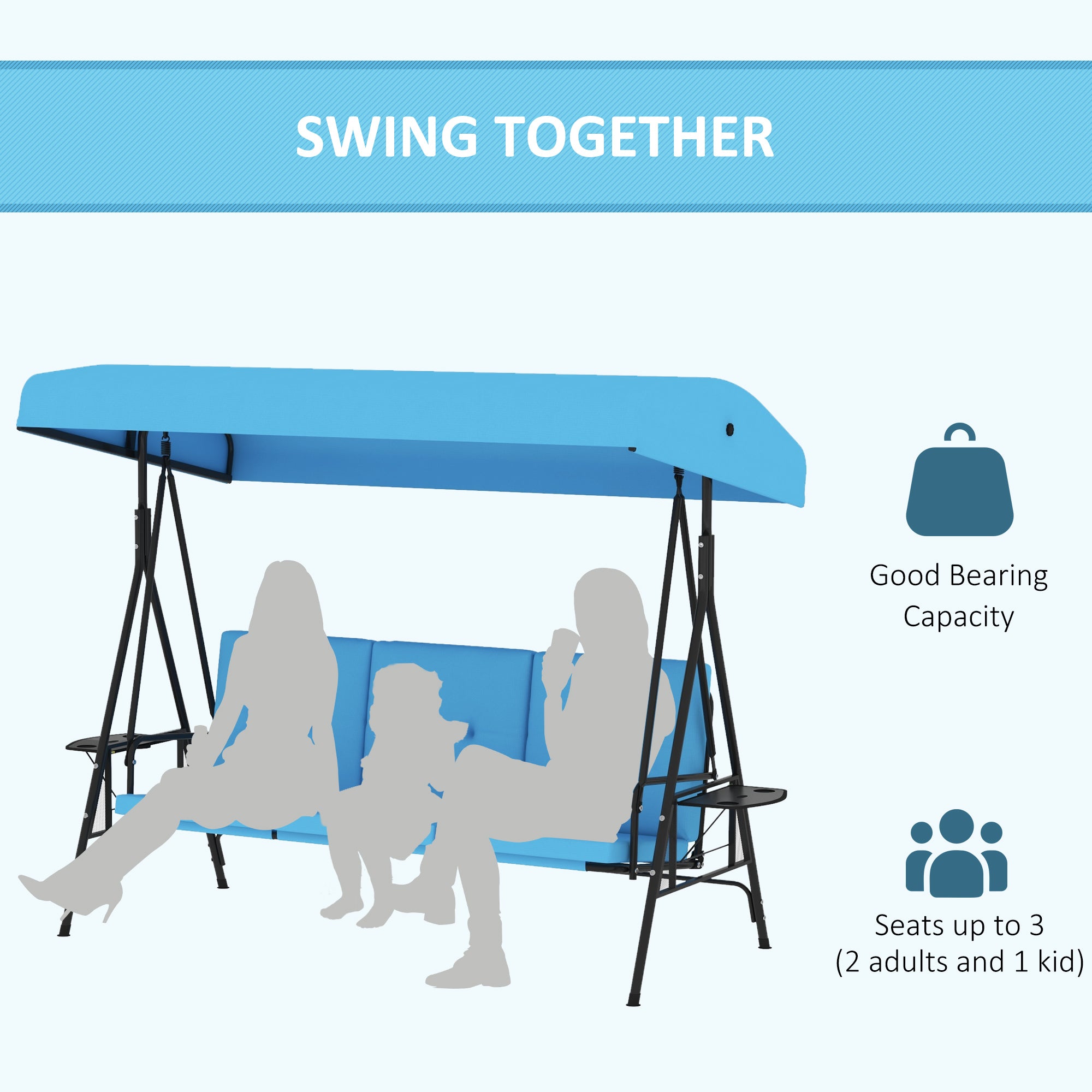 3-Seat Outdoor Porch Swing Patio Swing with Adjustable Canopy, Side Tray, Removable Cushion for Garden, Poolside, Blue