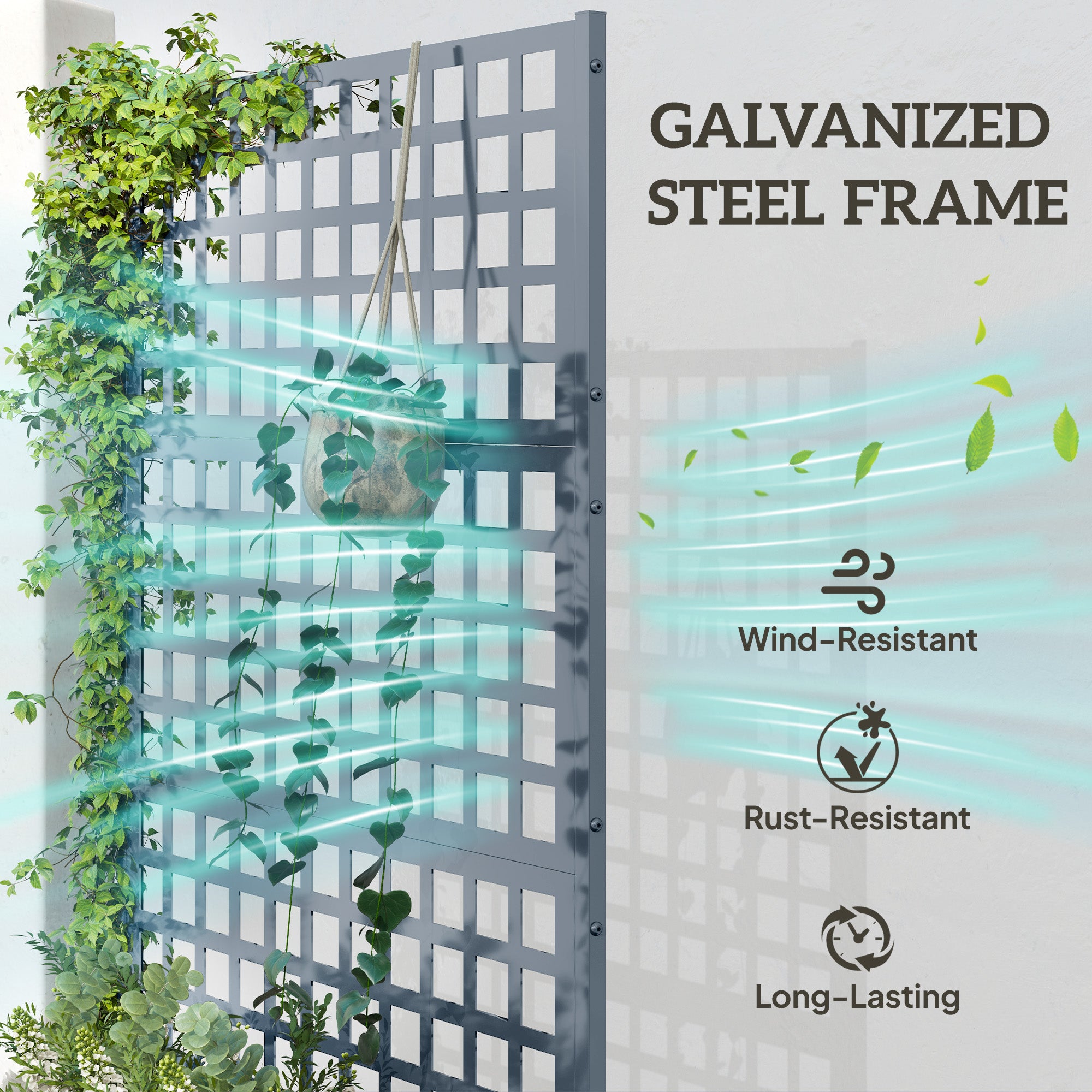 Galvanized Raised Garden Bed Planter Box with Trellis for Climbing Plant Vegetable Vine, 43"x16"x70", Grey Wood Effect